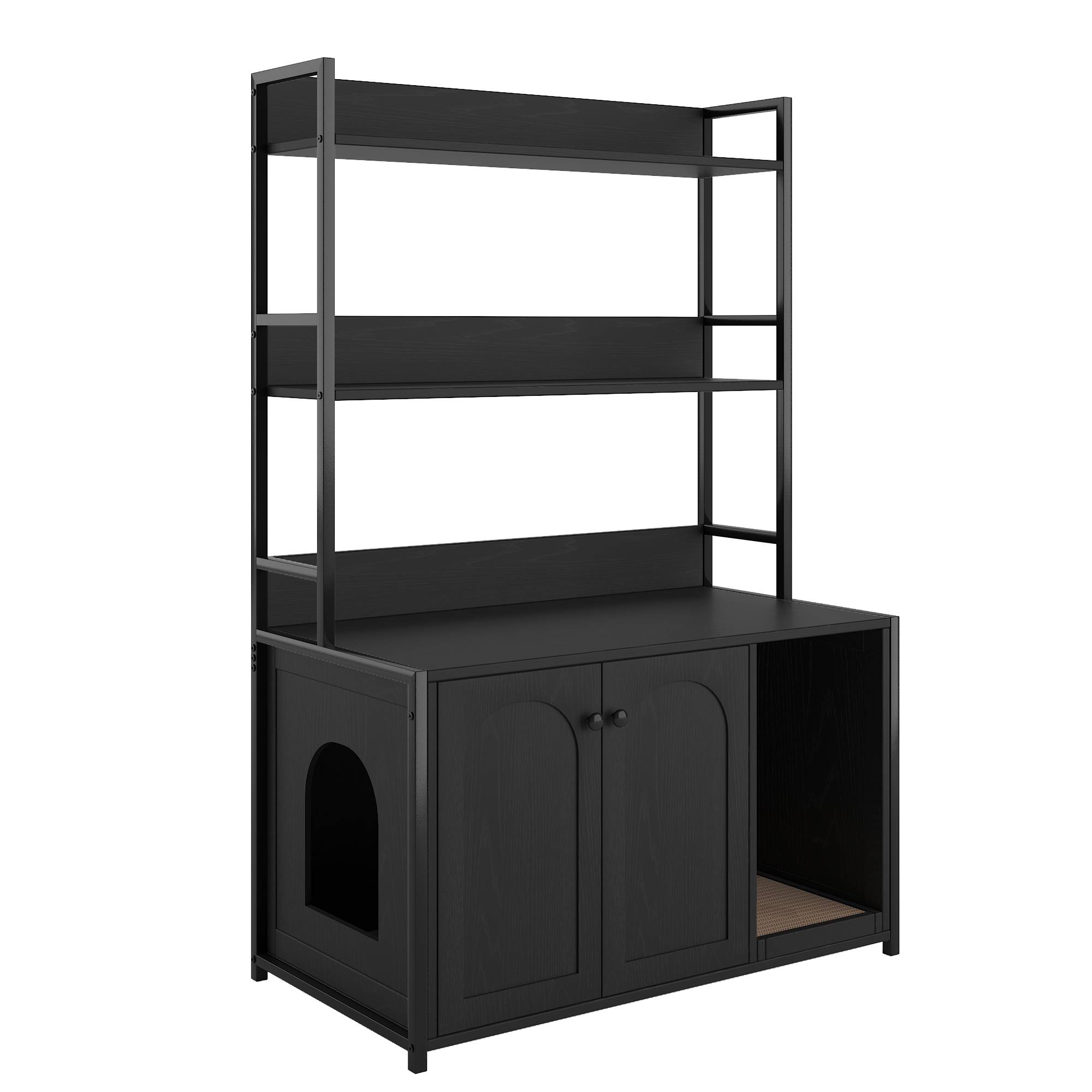 Meuble Cache Litière pour Chat Bois et Métal Maison de Toilette avec Étagères de Rangement Noir - ComfortXL Outdoor Living - Image 4