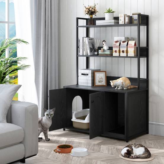 Meuble Cache Litière pour Chat Bois et Métal Maison de Toilette avec Étagères de Rangement Noir - ComfortXL Outdoor Living - Image 2