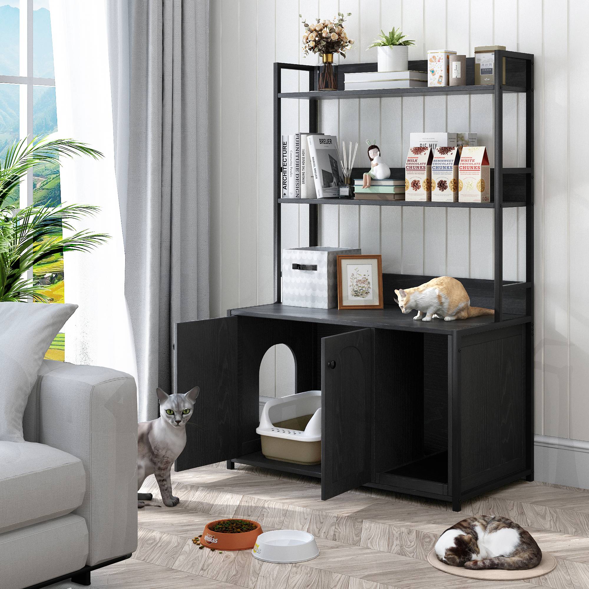 Meuble Cache Litière pour Chat Bois et Métal Maison de Toilette avec Étagères de Rangement Noir - ComfortXL Outdoor Living - Image 2