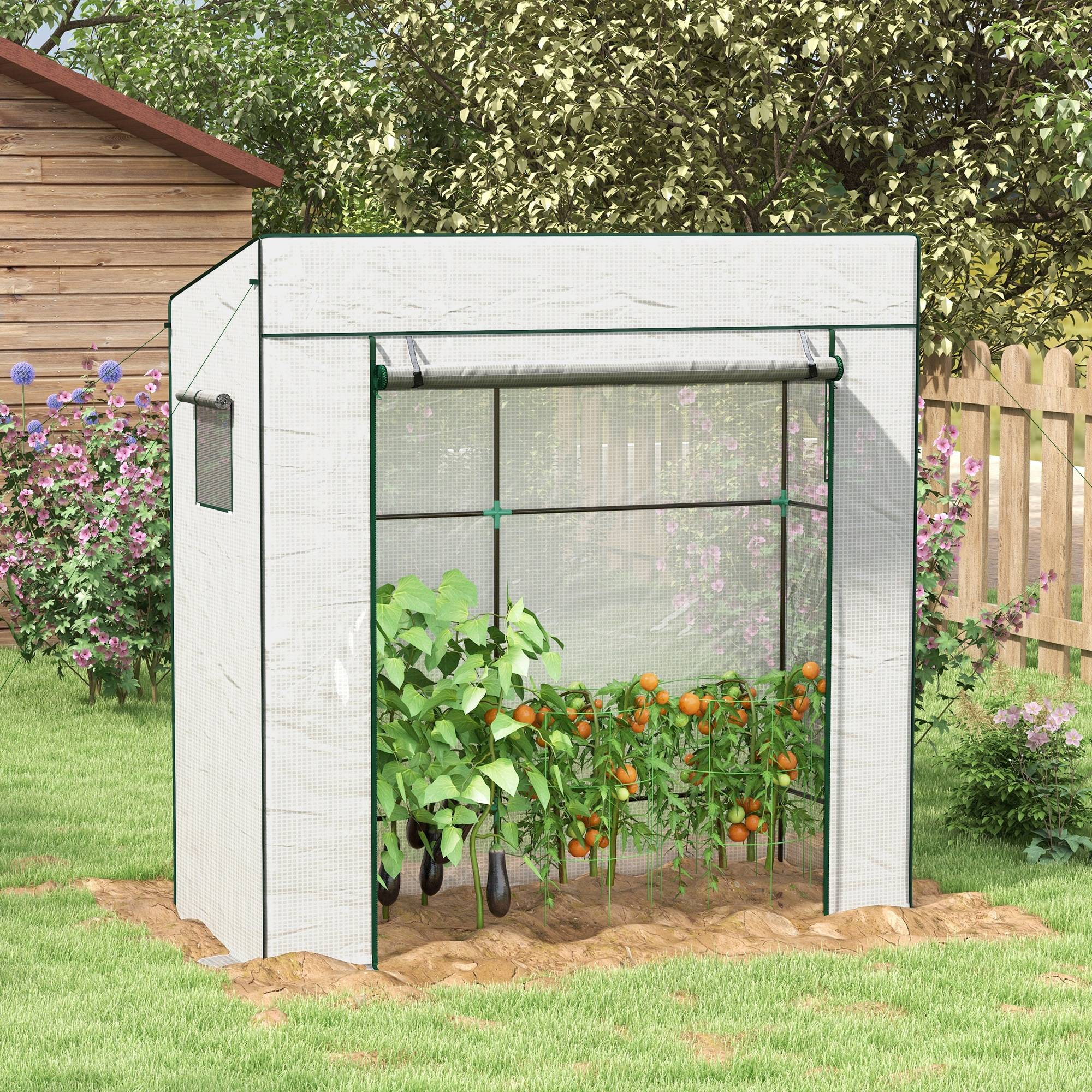 Serre de jardin murale adossée avec 1 porte enroulable, bâche PE renforcée, 2 fenêtres, dim. 196L x 77l x 197/178H cm - Image 3