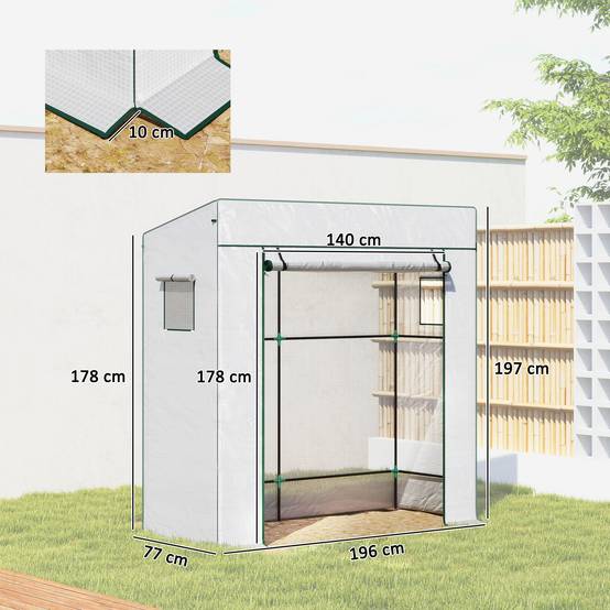 Serre de jardin murale adossée avec 1 porte enroulable, bâche PE renforcée, 2 fenêtres, dim. 196L x 77l x 197/178H cm - Image 5