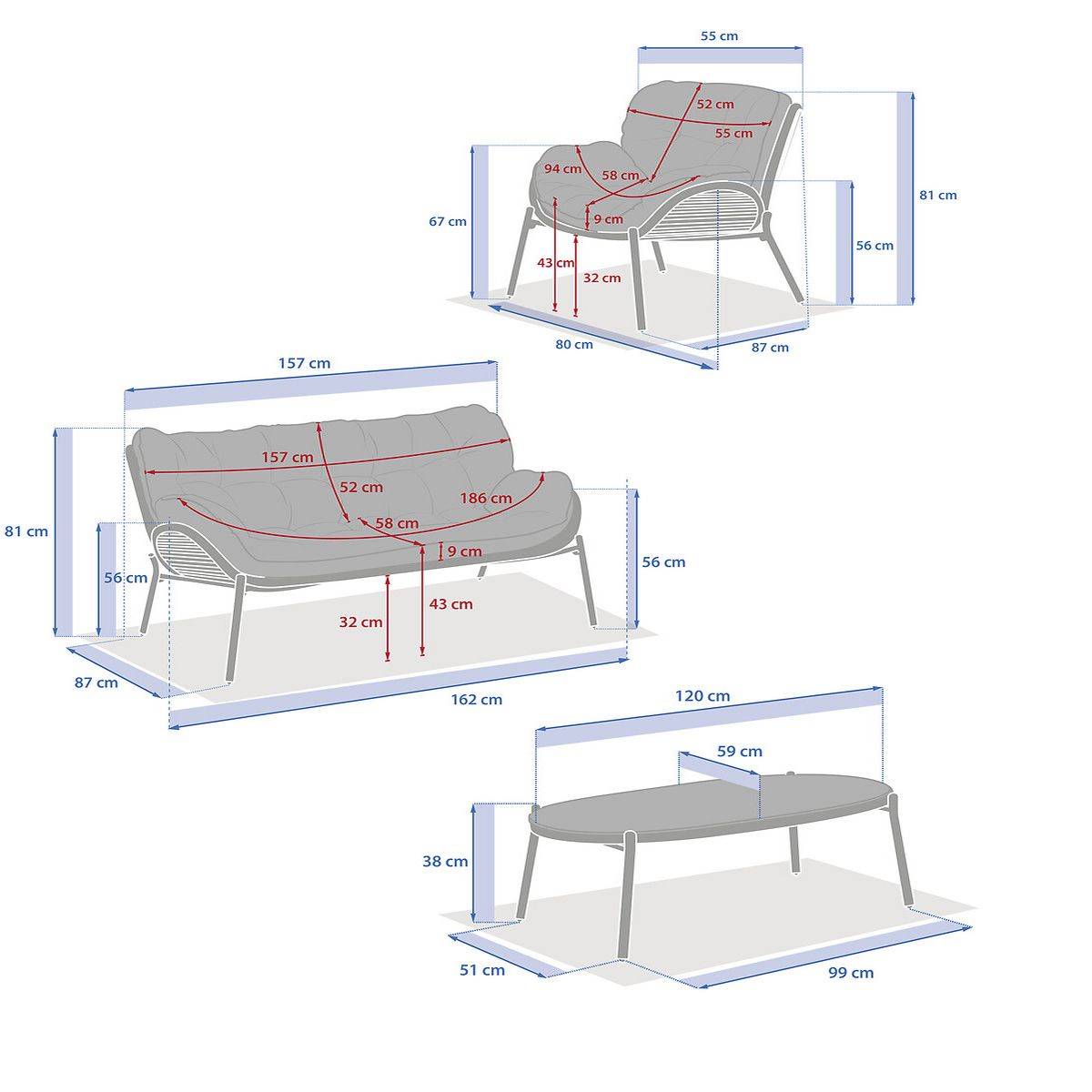 Hesperide - Salon de jardin 5 places Méloane – 1 canapé, 2 fauteuils, table basse en verre, structure acier, coussins taupe - Hespéride - Image 8