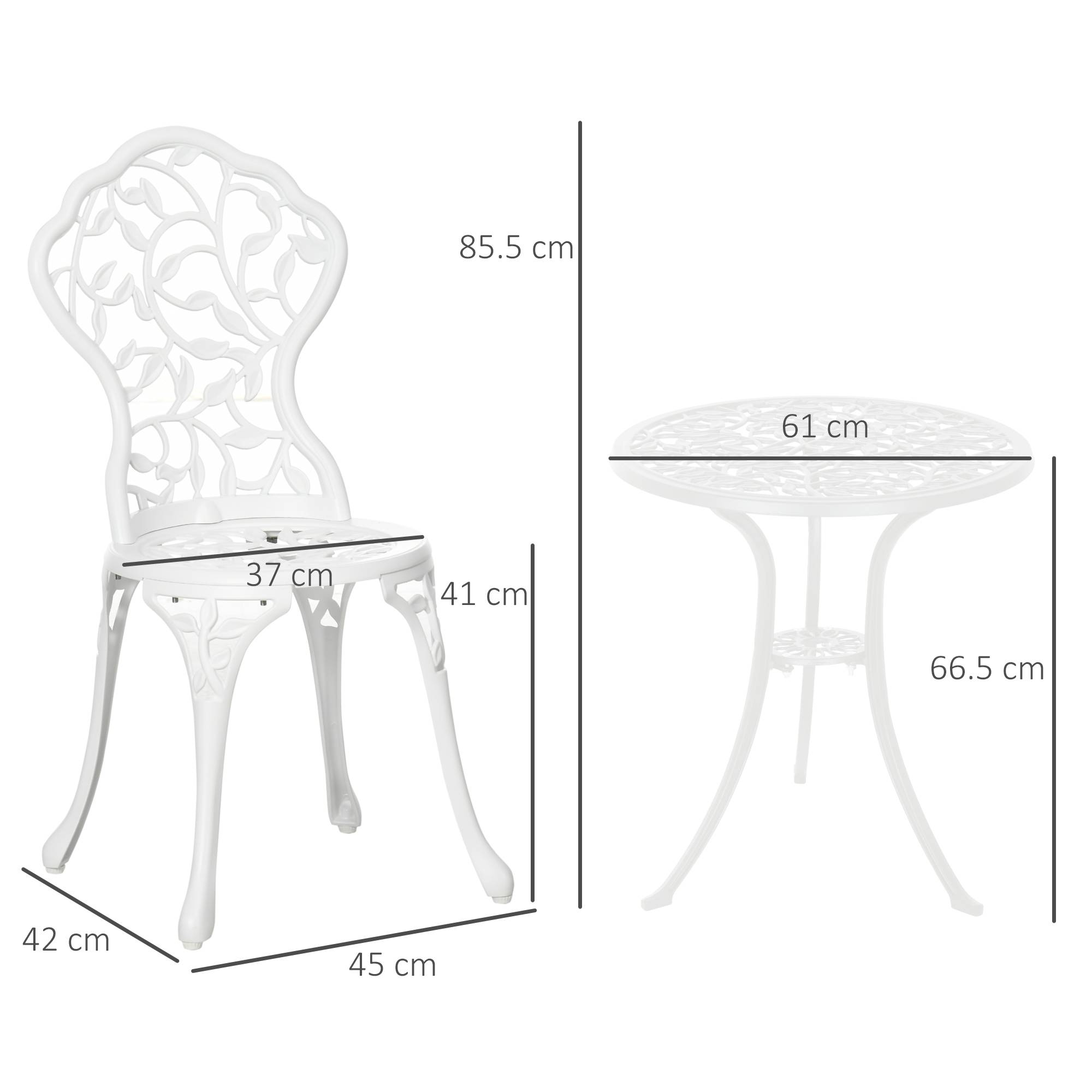 Ensemble de jardin 3 pièces aluminium blanc, 2 chaises 45x42x85,5 cm et table Ø61x66,5 cm - Image 5