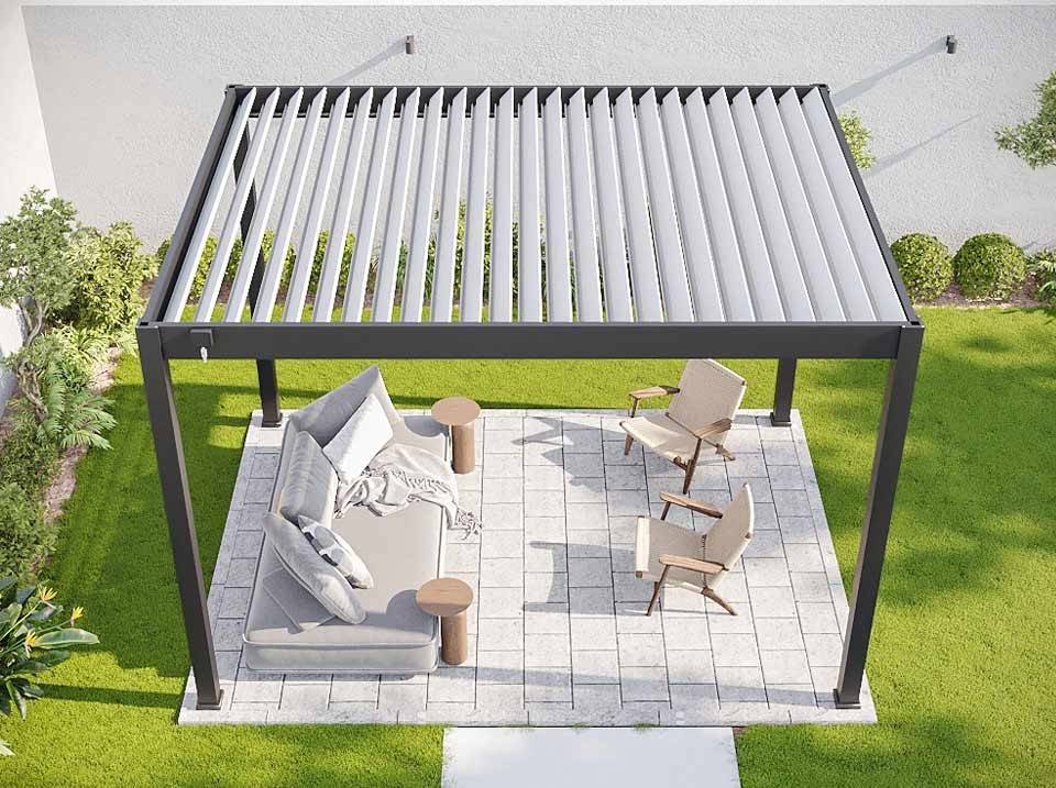 Pergola Bioclimatique Aluminium Autoportée 12m² - 3x4m Deux Stores - Anthracite - 25 Lames Inclinables 120 degrés - ECLIPSE - Image 5