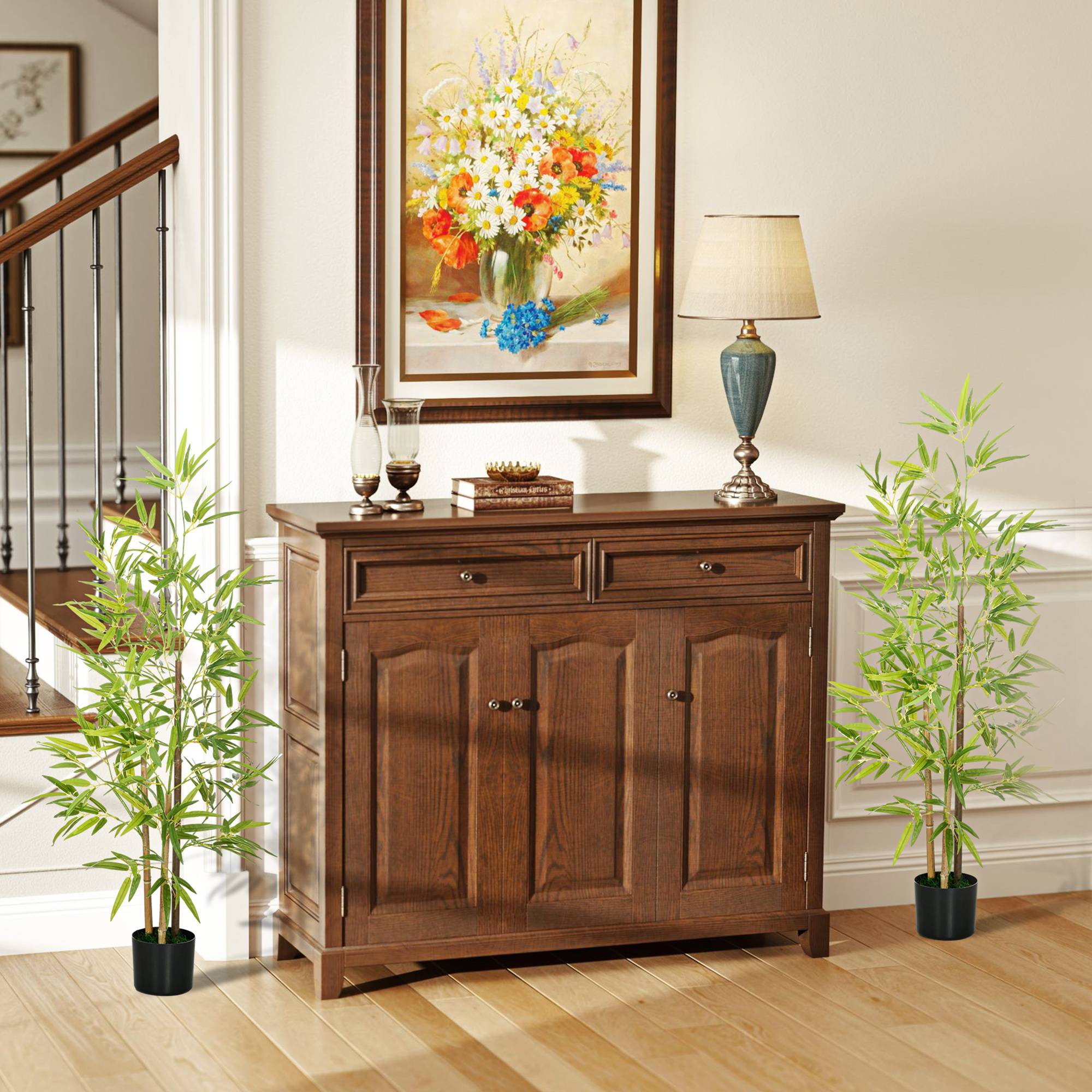 Sans Marque - Lot 2 bambous artificiels, 3 tiges, faciles, 120 cm, pot ciment, vert - Image 4