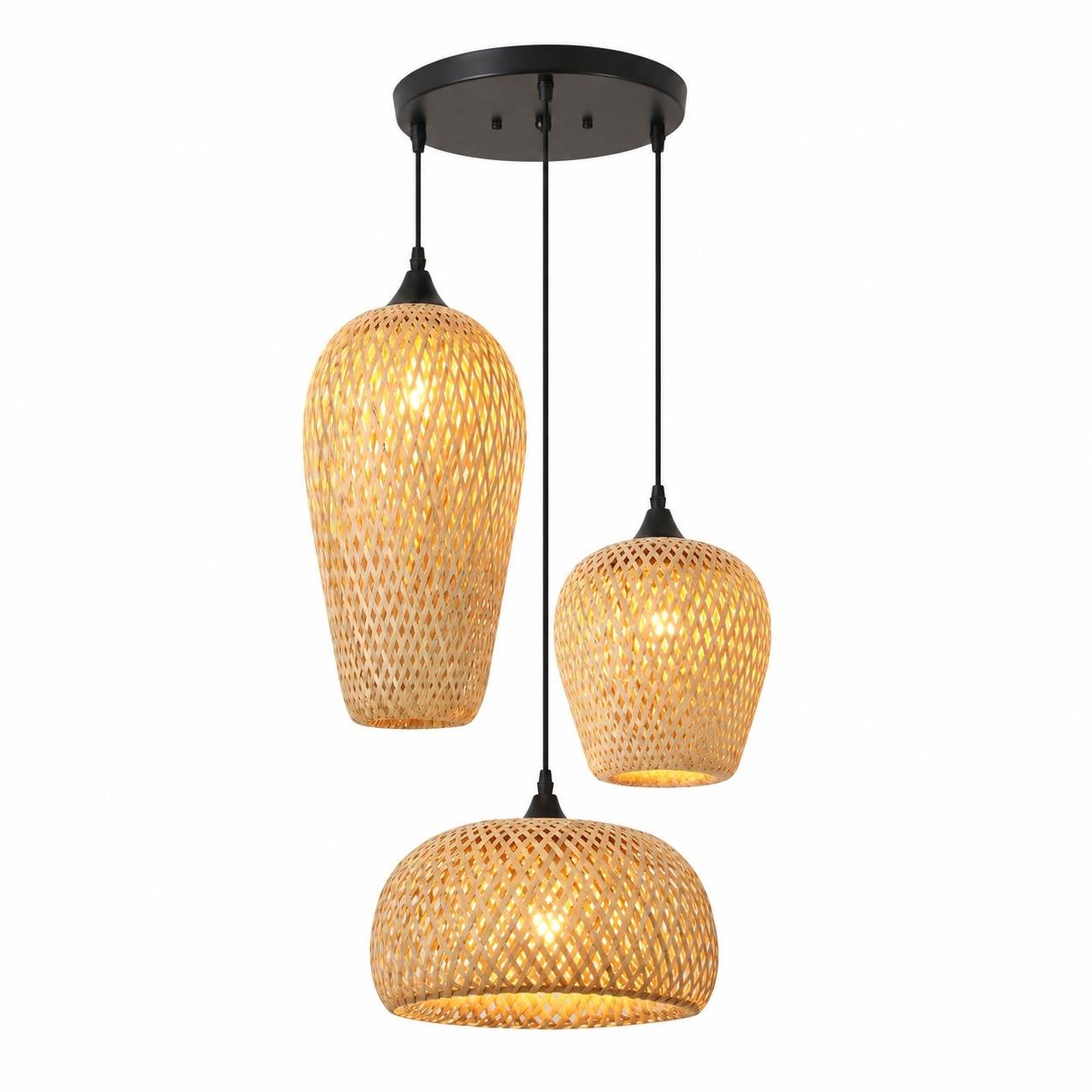 Suspension Luminaire Tressée Main 3 Ampoules Décorative Tissu Naturel - Image 1