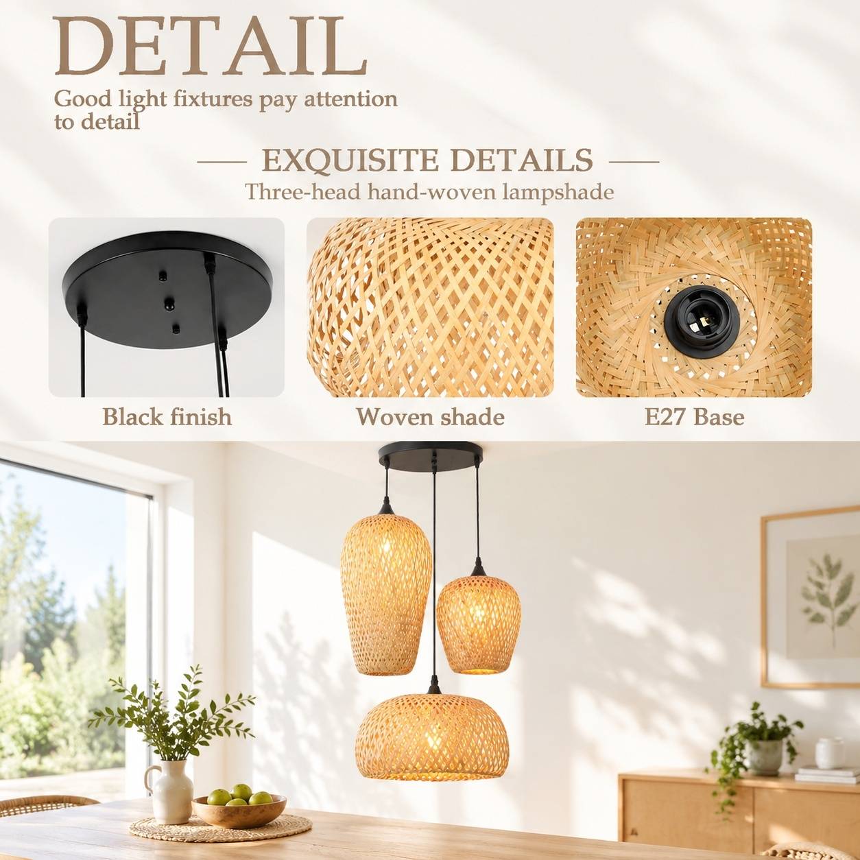Suspension Luminaire Tressée Main 3 Ampoules Décorative Tissu Naturel - Image 4