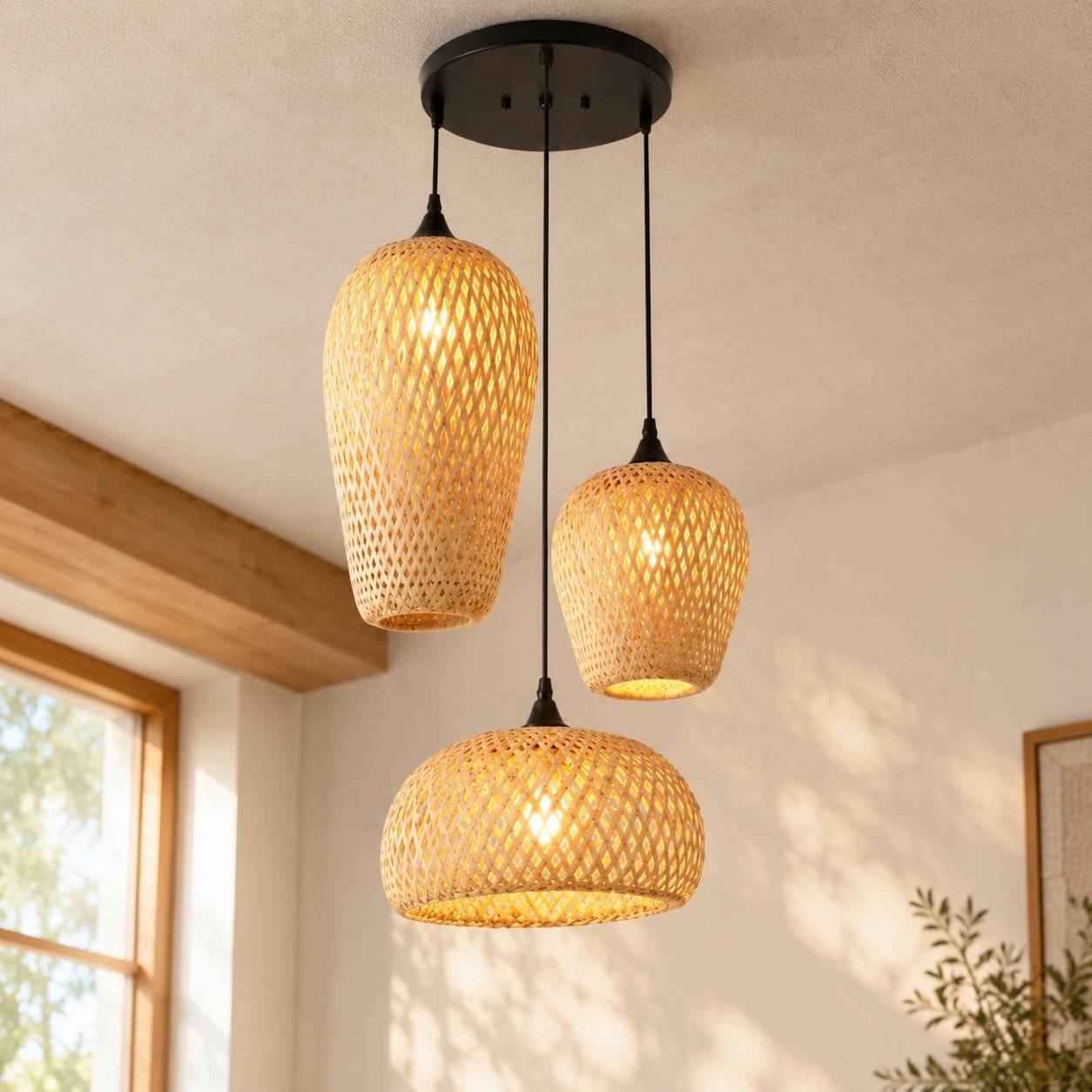 Suspension Luminaire Tressée Main 3 Ampoules Décorative Tissu Naturel - Image 7