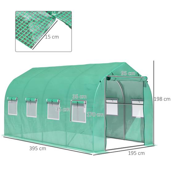 Serre tunnel de 4 x 2 x 2 m avec 8 fenêtres grillagées et une porte, idéale pour un potager sur une terrasse ou dans un jardin. - Image 5