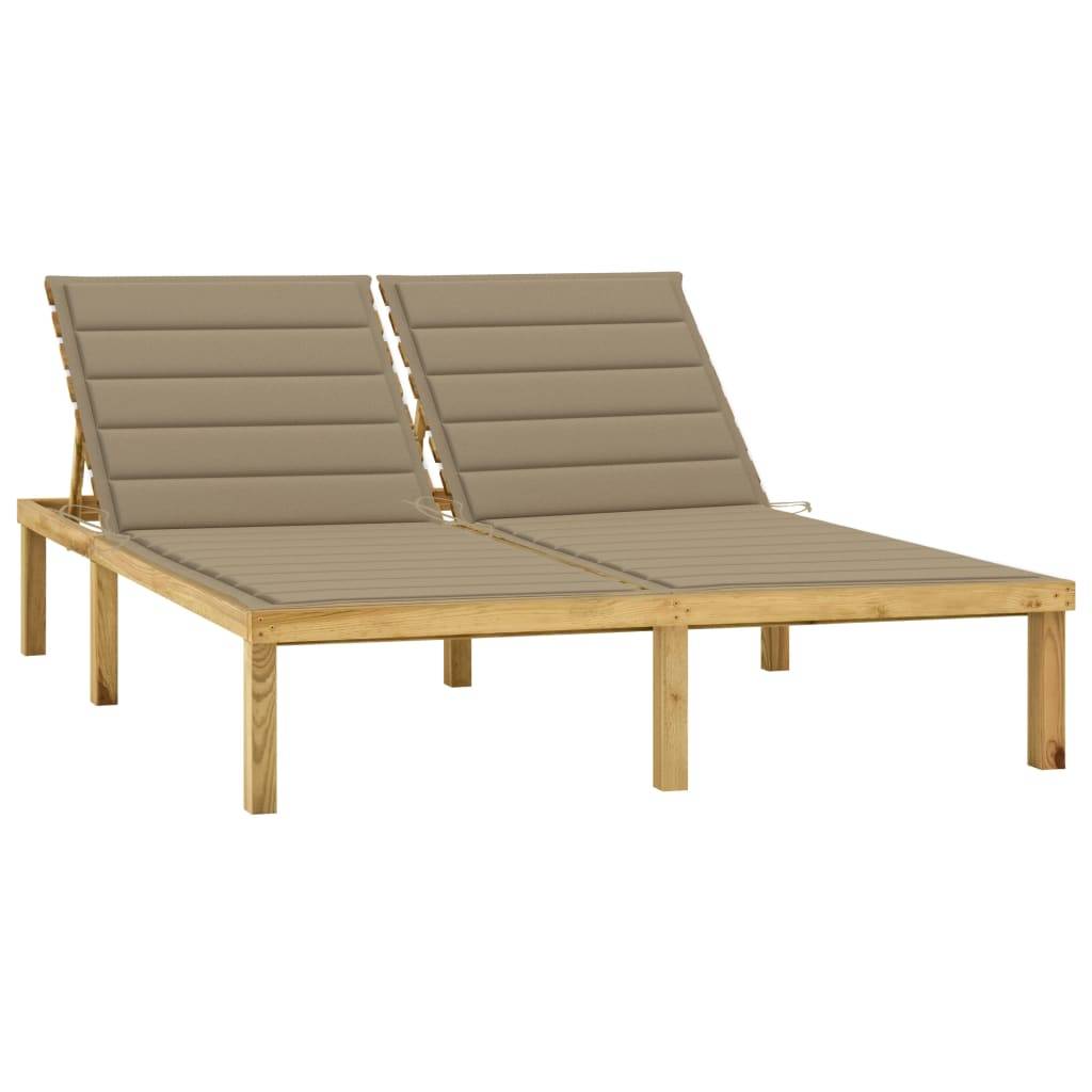 Chaise longue | Transat | Bain de soleil double et coussins beige Bois de pin imprégné - Image 2