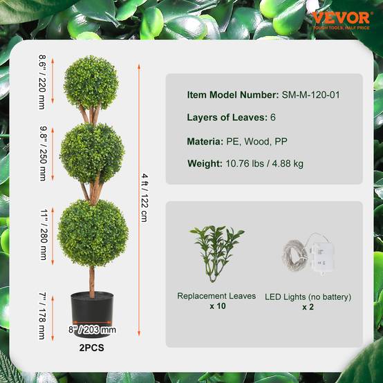 VEVOR Buis Topiaire Artificiel 2 Plantes Déco 122 cm 10 Feuilles Remplaçables - Image 7