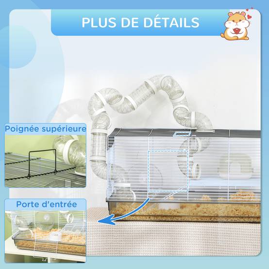 Cage hamster fil acier pour petits rongeurs avec tunnel et accessoires 58x32x31cm gris - ComfortXL Outdoor Living - Image 10