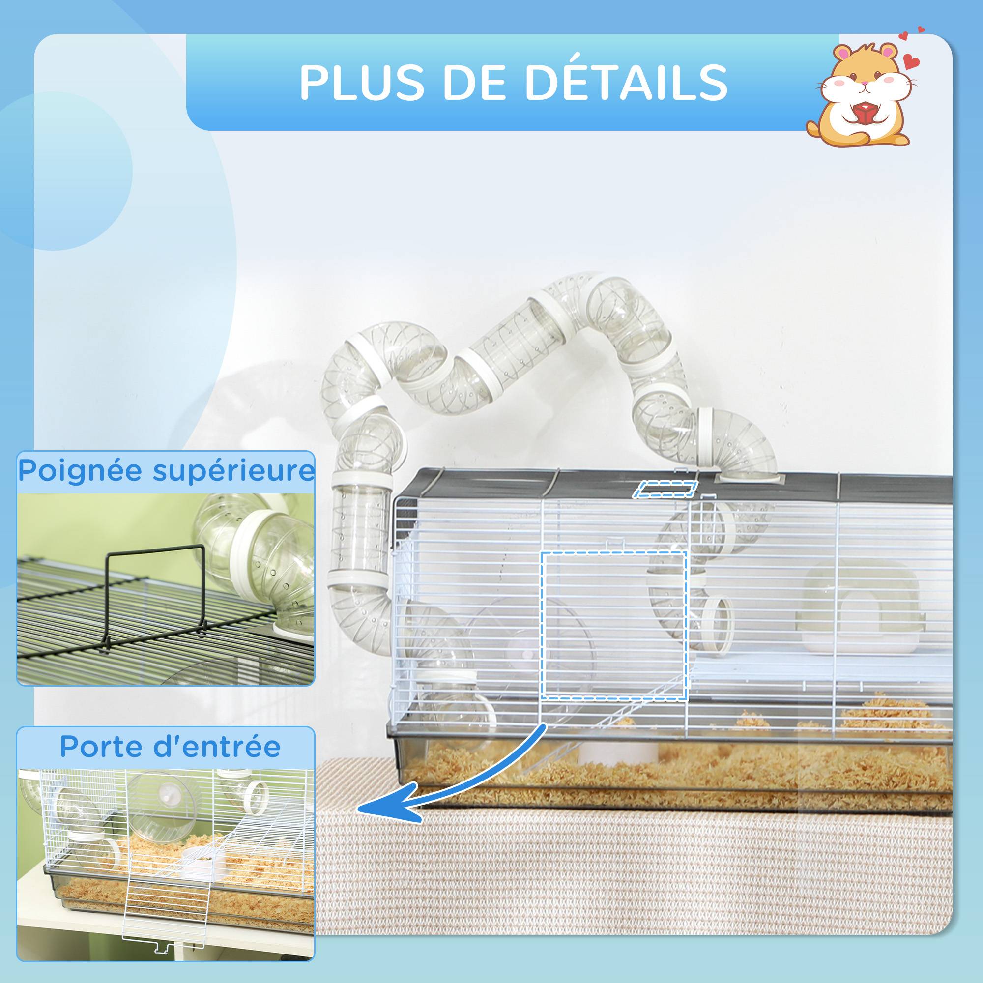 Cage hamster fil acier pour petits rongeurs avec tunnel et accessoires 58x32x31cm gris - ComfortXL Outdoor Living - Image 10