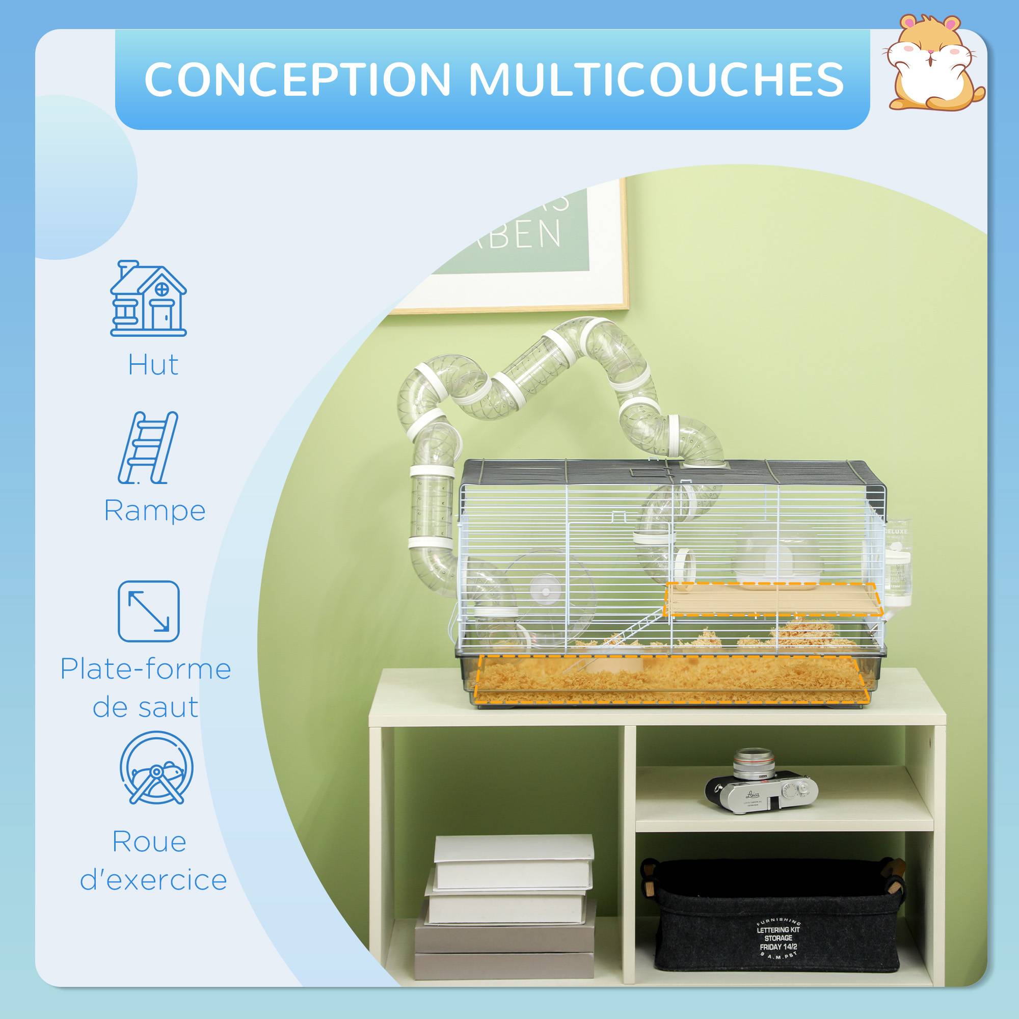 Cage hamster fil acier pour petits rongeurs avec tunnel et accessoires 58x32x31cm gris - ComfortXL Outdoor Living - Image 7