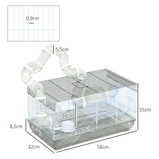Cage hamster fil acier pour petits rongeurs avec tunnel et accessoires 58x32x31cm gris - ComfortXL Outdoor Living - Image 5