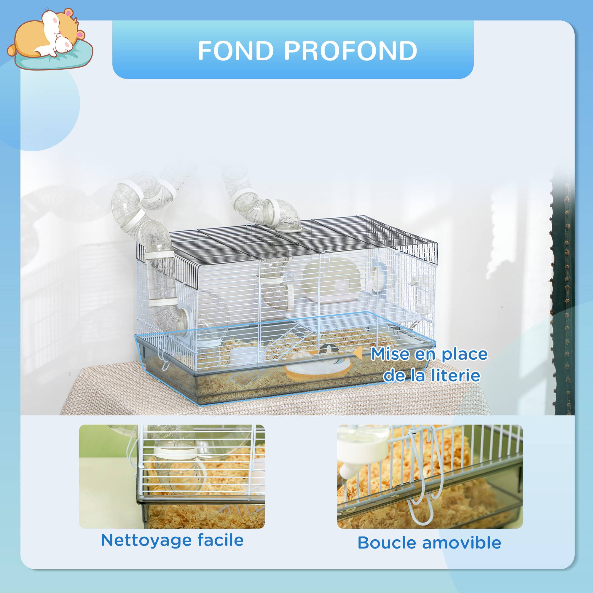 Cage hamster fil acier pour petits rongeurs avec tunnel et accessoires 58x32x31cm gris - ComfortXL Outdoor Living - Image 8