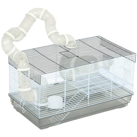 Cage hamster fil acier pour petits rongeurs avec tunnel et accessoires 58x32x31cm gris - ComfortXL Outdoor Living - Image 1