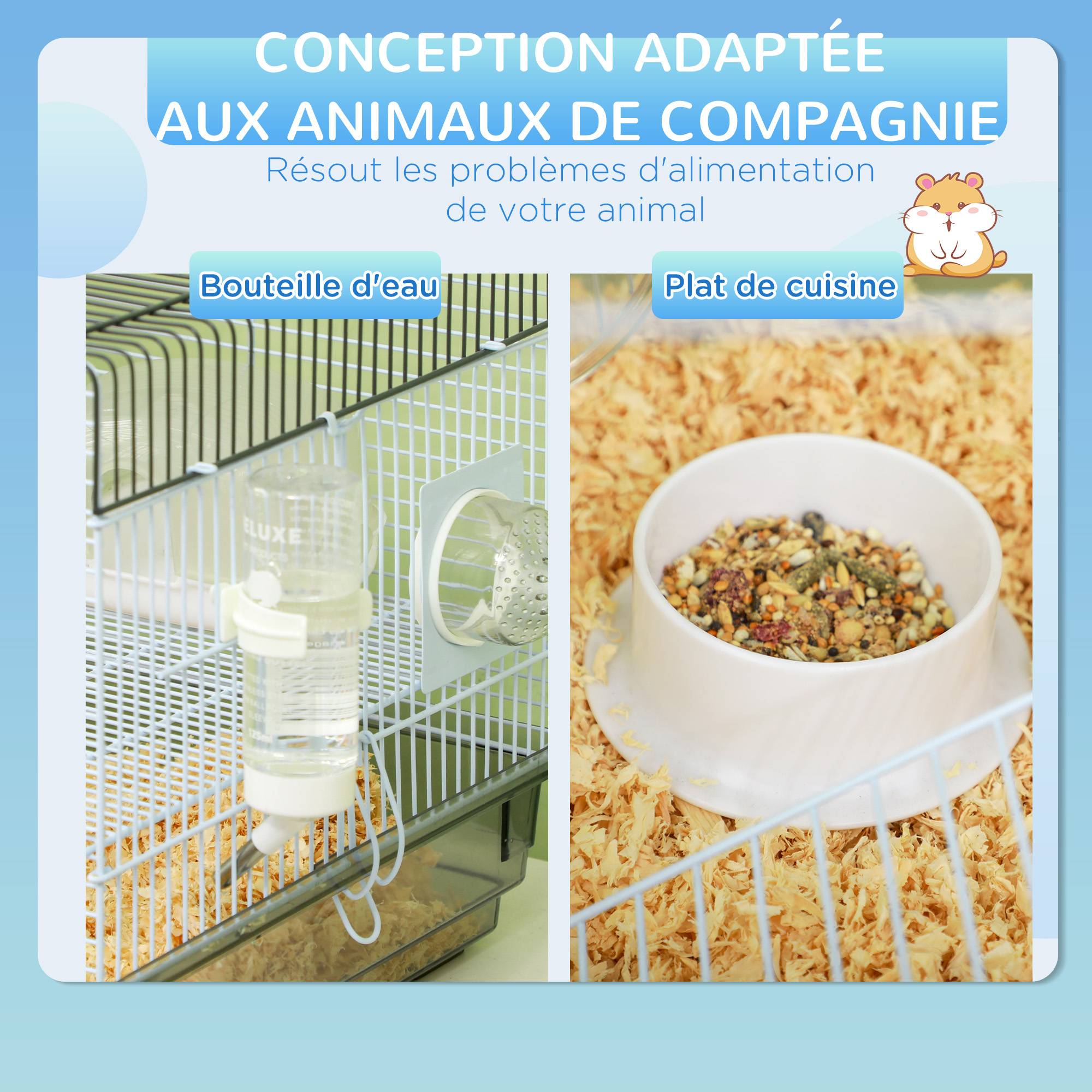 Cage hamster fil acier pour petits rongeurs avec tunnel et accessoires 58x32x31cm gris - ComfortXL Outdoor Living - Image 9