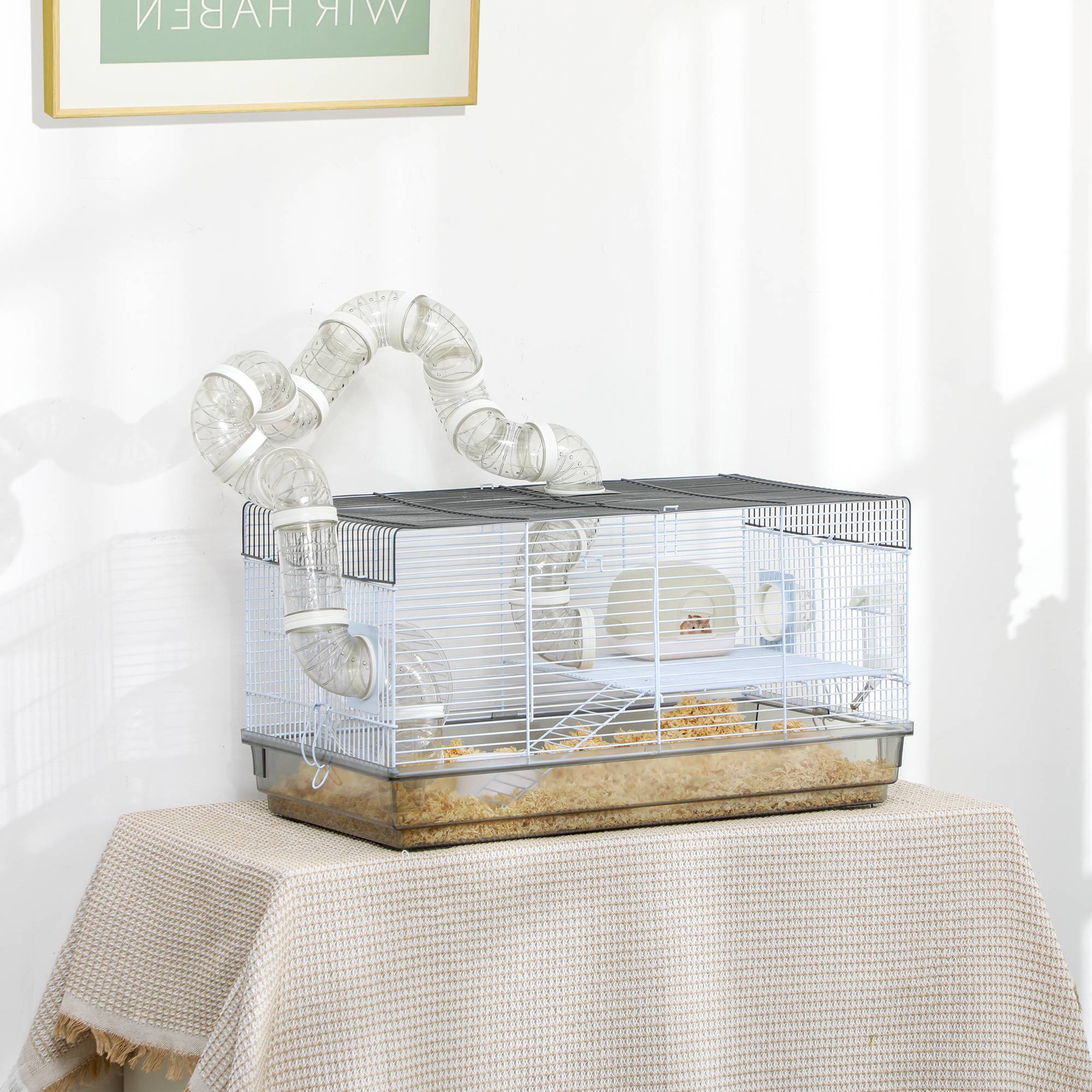 Cage hamster fil acier pour petits rongeurs avec tunnel et accessoires 58x32x31cm gris - ComfortXL Outdoor Living - Image 3