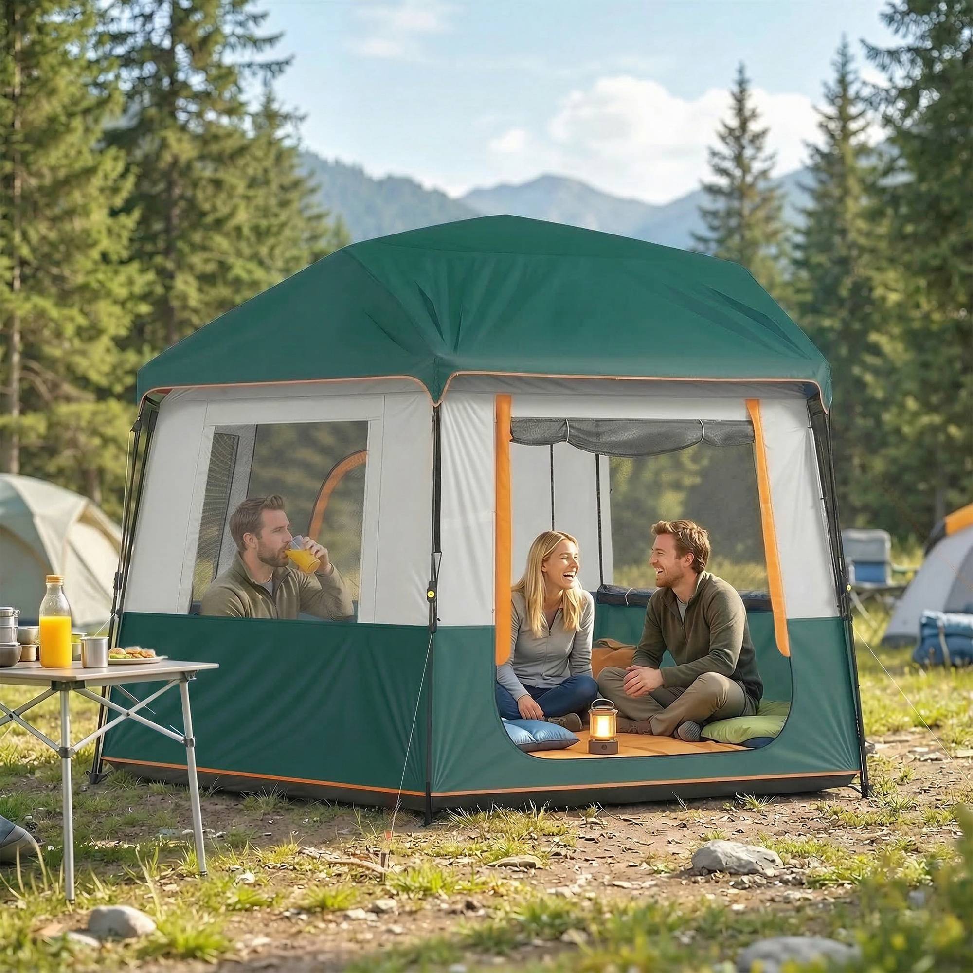 Sans Marque - Tente camping 4-6 pers., stable, 3000mm imperméable, familiale, toit amovible, UV30+, vert - Image 3