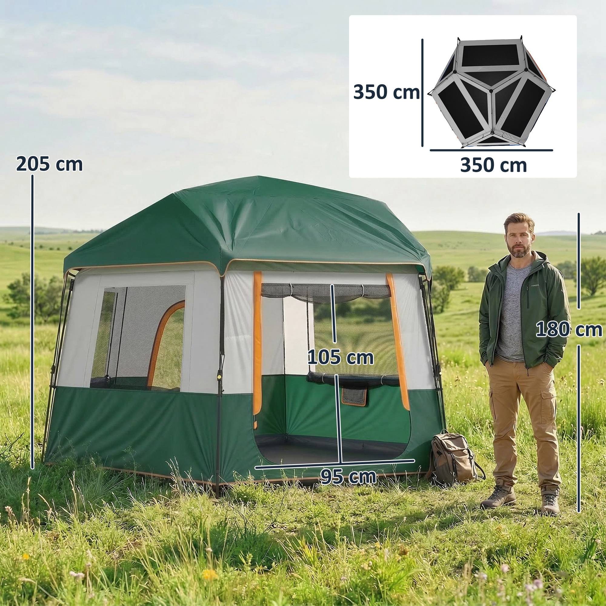 Sans Marque - Tente camping 4-6 pers., stable, 3000mm imperméable, familiale, toit amovible, UV30+, vert - Image 5