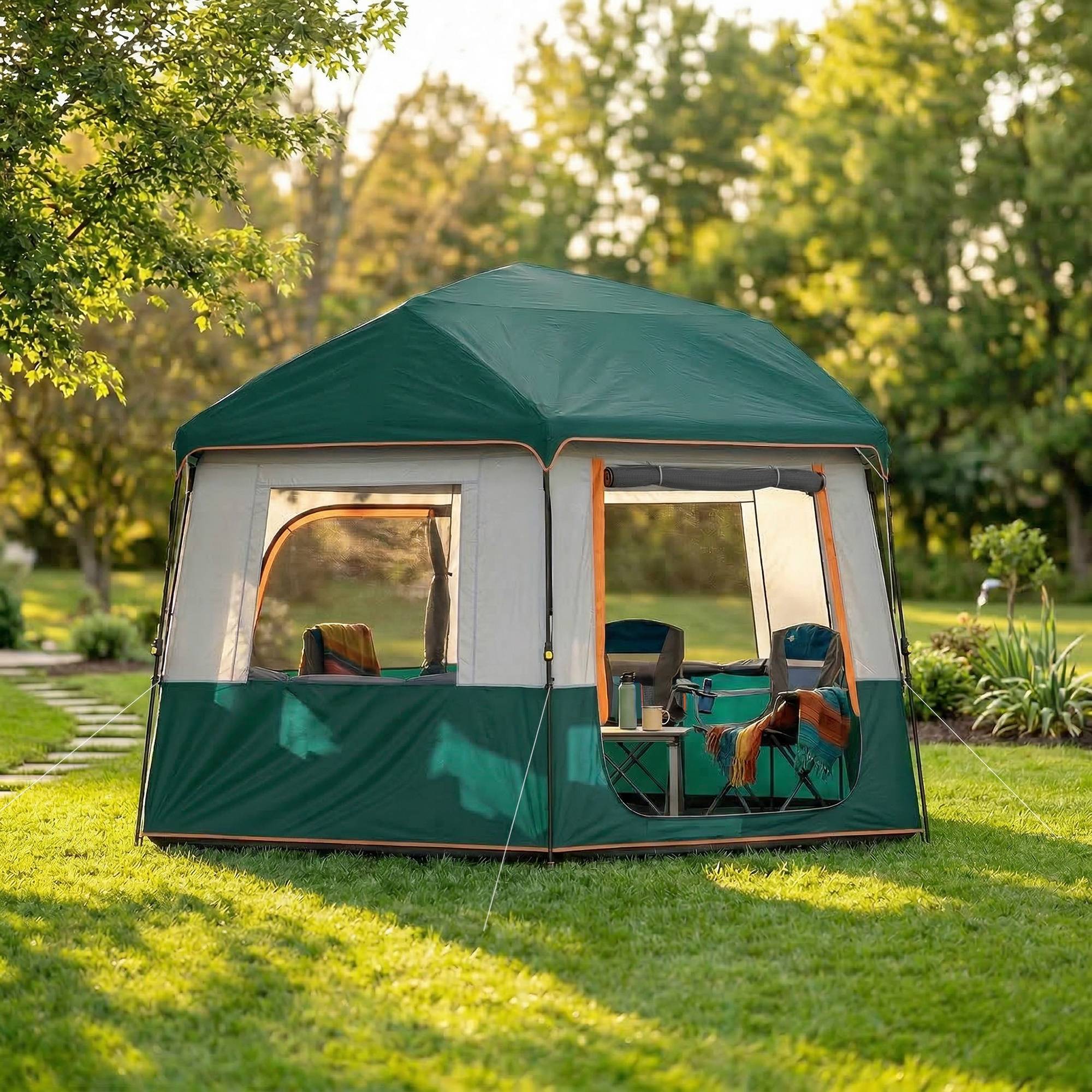 Sans Marque - Tente camping 4-6 pers., stable, 3000mm imperméable, familiale, toit amovible, UV30+, vert - Image 4