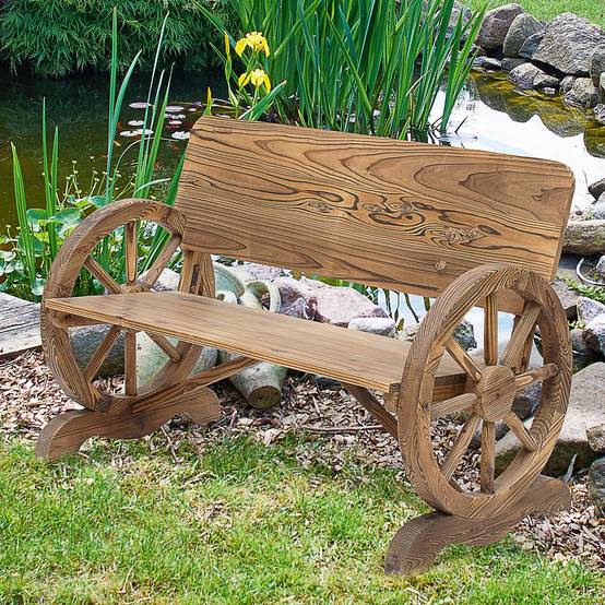 Banc de jardin 2 places en bois massif, accoudoirs, design roues de chariot, 114x58x80 cm, charge 250 kg, marron - Image 4