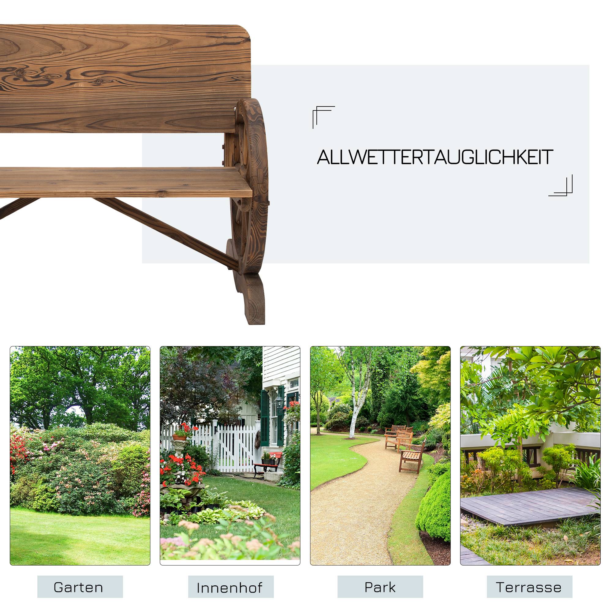 Banc de jardin 2 places en bois massif, accoudoirs, design roues de chariot, 114x58x80 cm, charge 250 kg, marron - Image 8