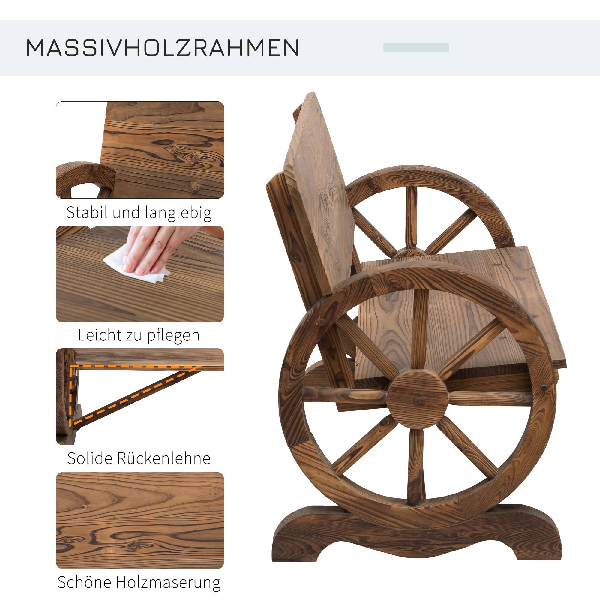 Banc de jardin 2 places en bois massif, accoudoirs, design roues de chariot, 114x58x80 cm, charge 250 kg, marron - Image 6