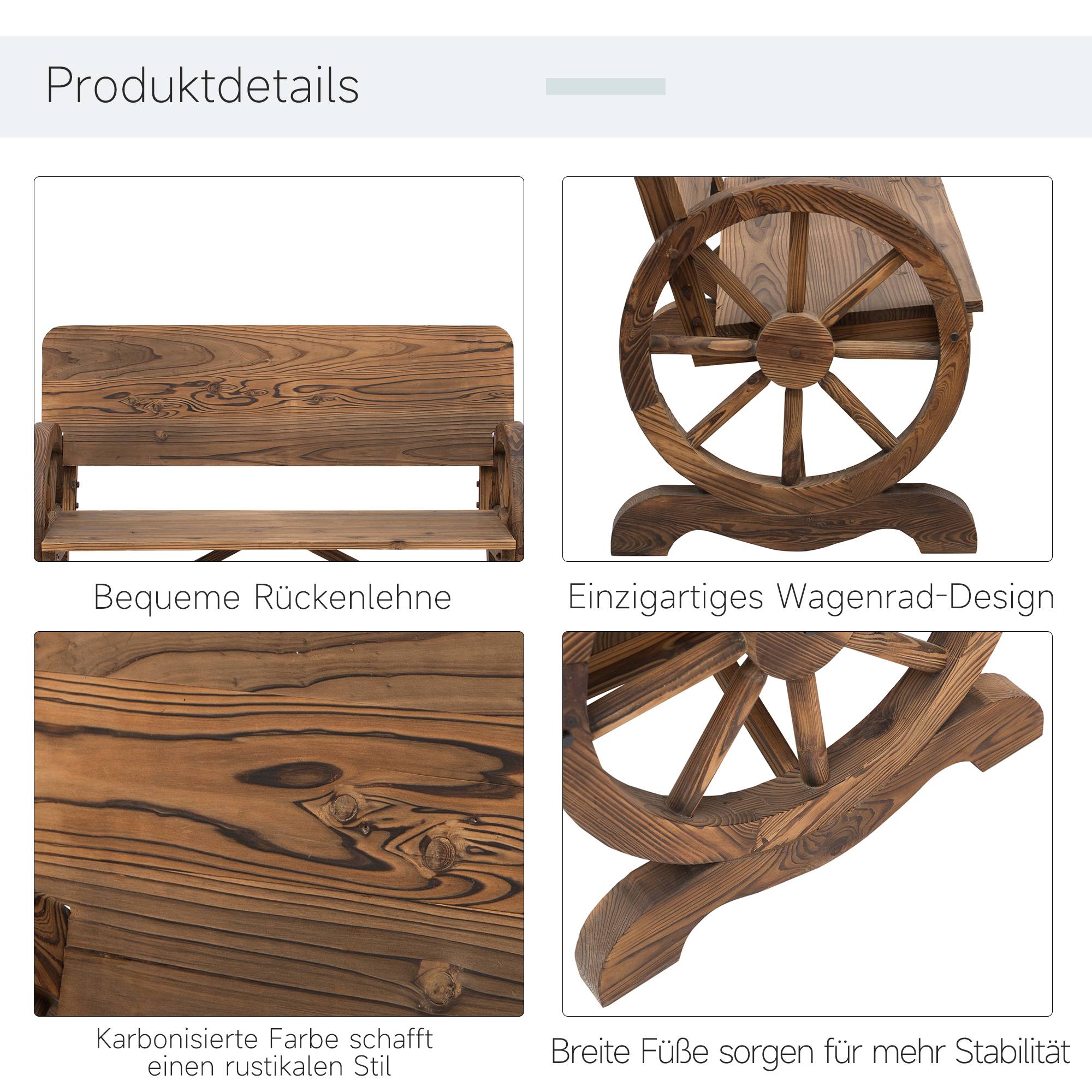 Banc de jardin 2 places en bois massif, accoudoirs, design roues de chariot, 114x58x80 cm, charge 250 kg, marron - Image 7