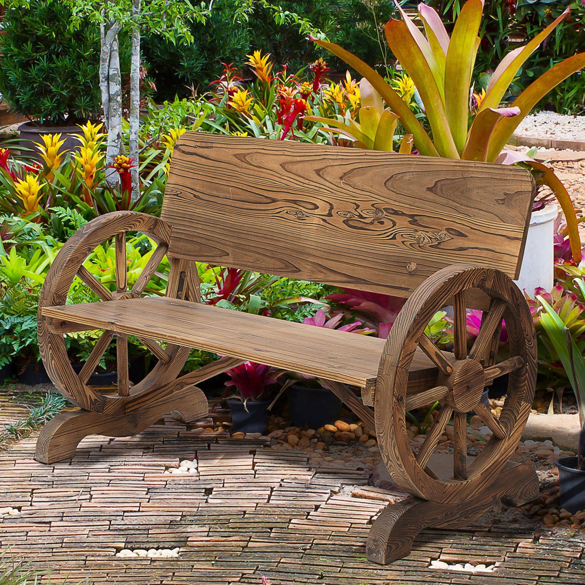 Banc de jardin 2 places en bois massif, accoudoirs, design roues de chariot, 114x58x80 cm, charge 250 kg, marron - Image 3