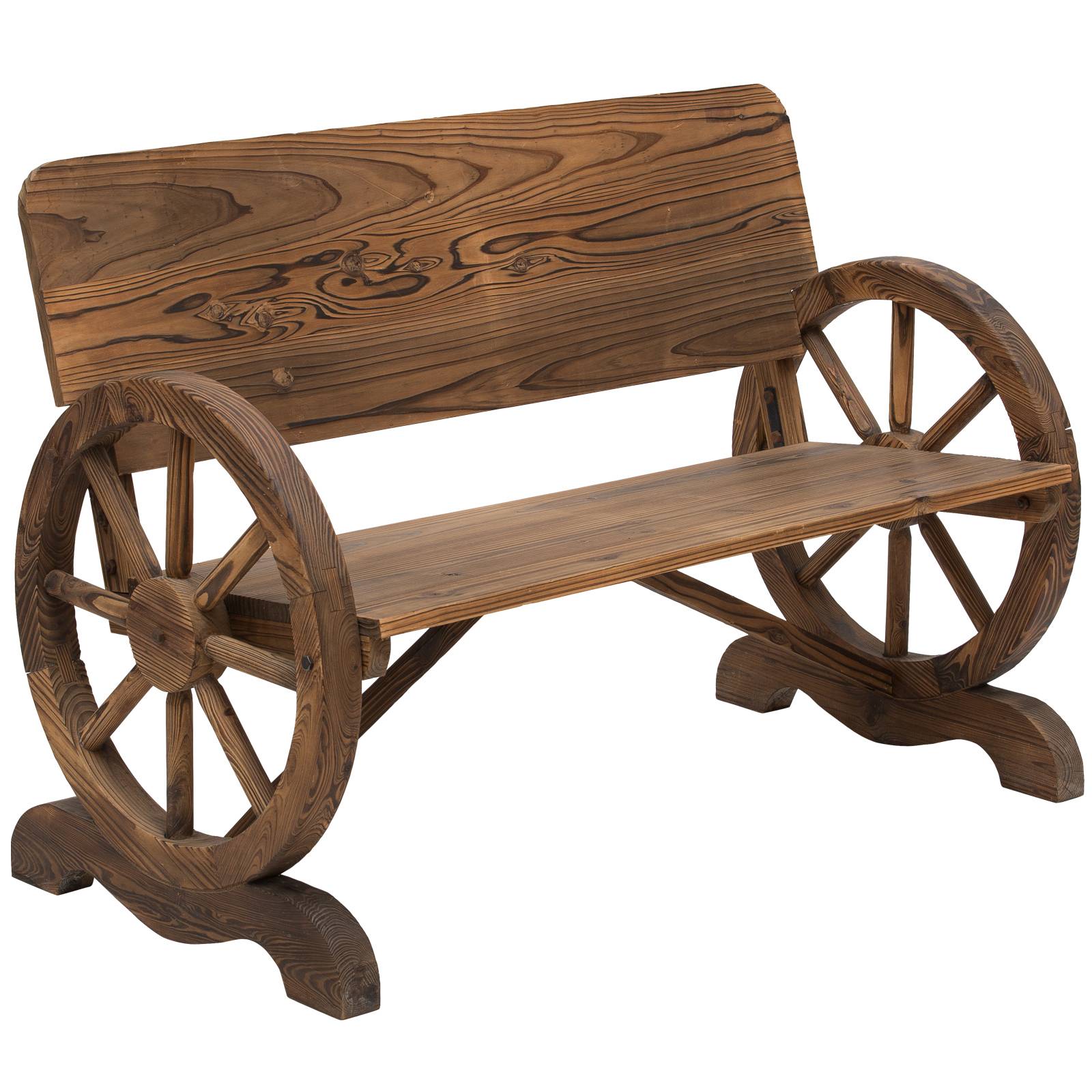 Banc de jardin 2 places en bois massif, accoudoirs, design roues de chariot, 114x58x80 cm, charge 250 kg, marron - Image 2