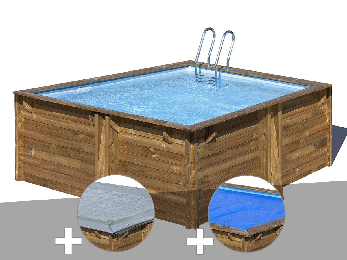 Gré - Kit piscine bois Gré Carra 3,05 x 3,05 x 1,19 m + Bâche hiver + Bâche à bulles