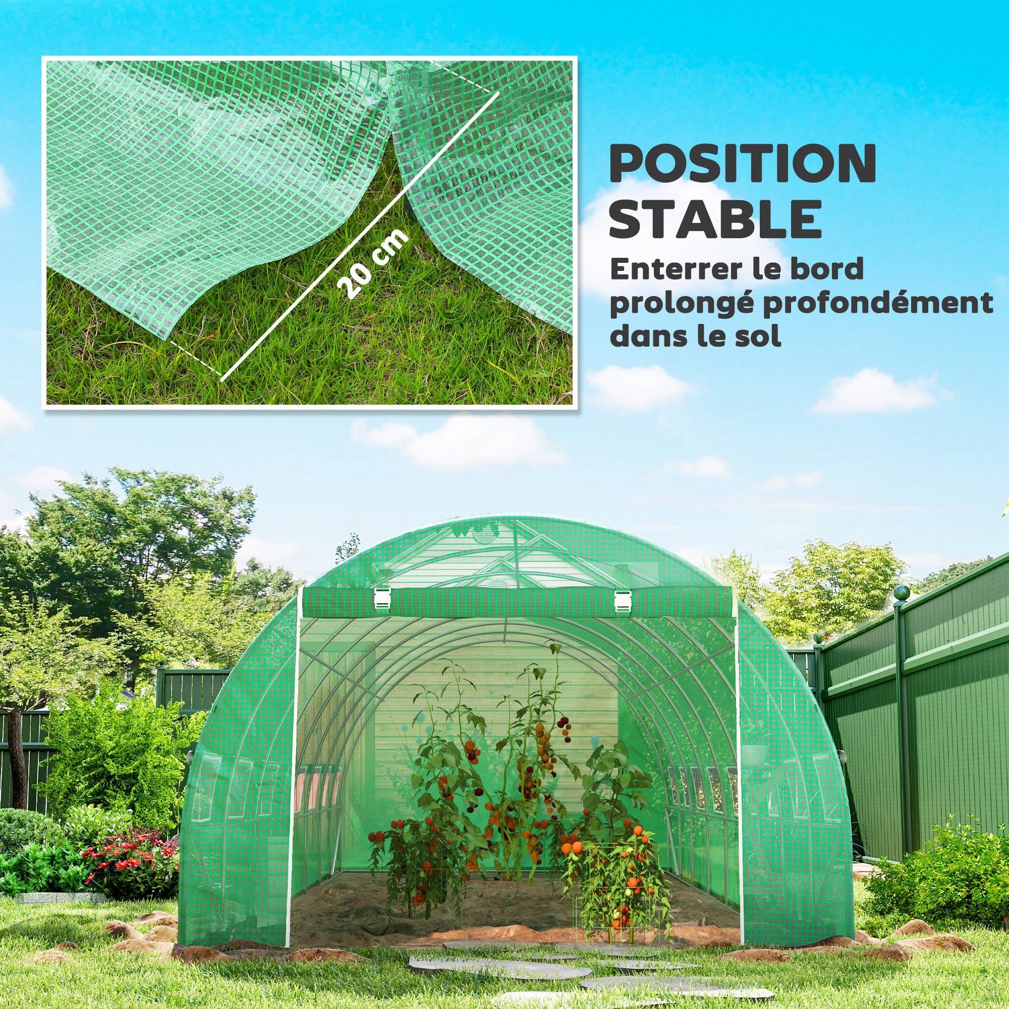 Serre de jardin tunnel 24m² 8L x 3l x 2H m - 16 fenêtres, Porte zippée enroulable acier galvanisé, bâche PE, Vert - Image 9