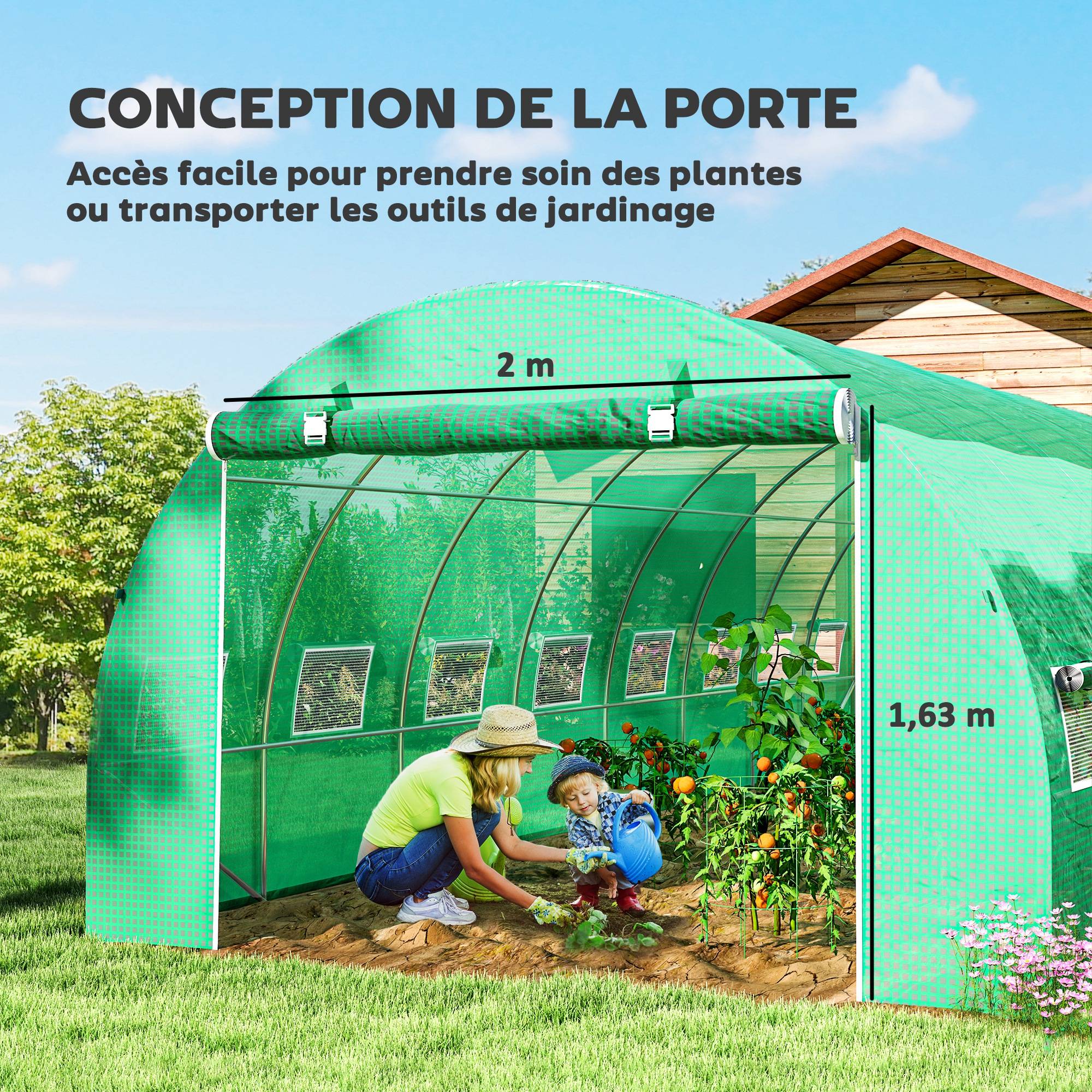 Serre de jardin tunnel 24m² 8L x 3l x 2H m - 16 fenêtres, Porte zippée enroulable acier galvanisé, bâche PE, Vert - Image 7