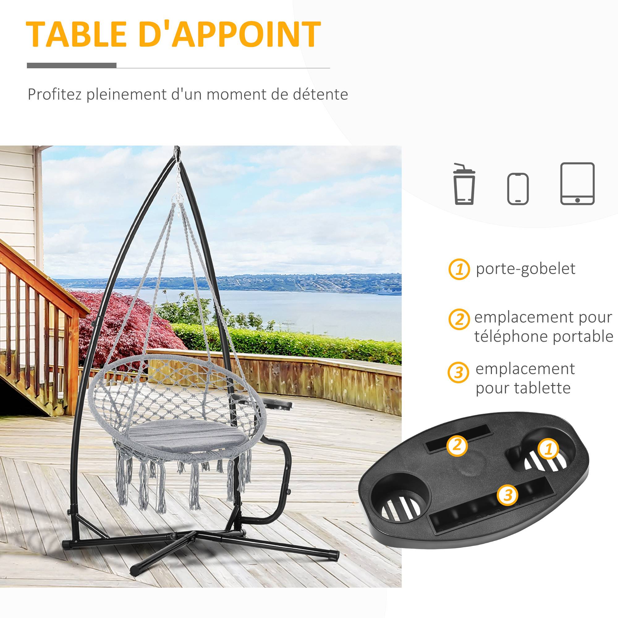Support pour Fauteuil Suspendu - Pied Fauteuil Suspendu - Tablette réglable Incluse - max 120 Kg - Image 7
