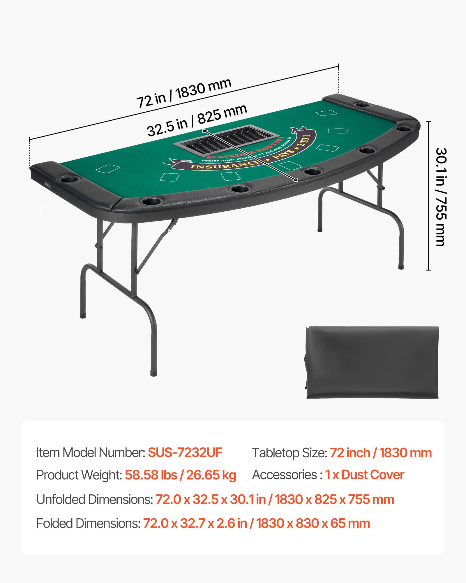 Vevor - VEVOR Table de Poker Pliable de 183 cm pour 7 Joueurs Casino Texas Hold'em - Image 7