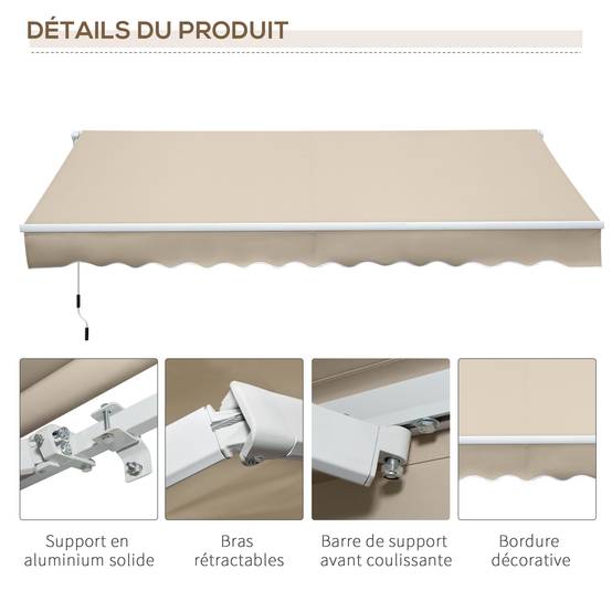 Store banne Manuel rétractable Angle Réglable Aluminium Polyester imperméabilisé 3,5L x 2,5l m Beige - Image 9