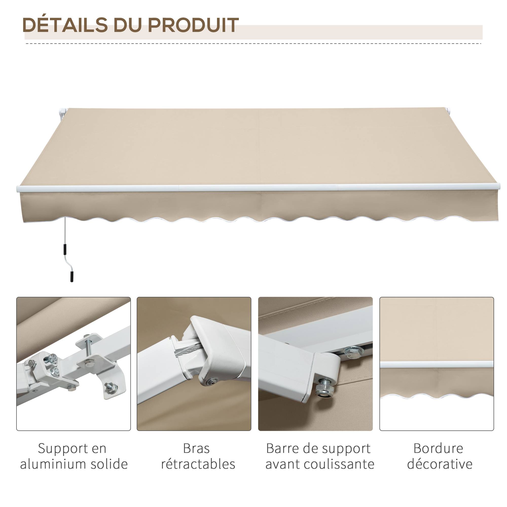 Store banne Manuel rétractable Angle Réglable Aluminium Polyester imperméabilisé 3,5L x 2,5l m Beige - Image 9