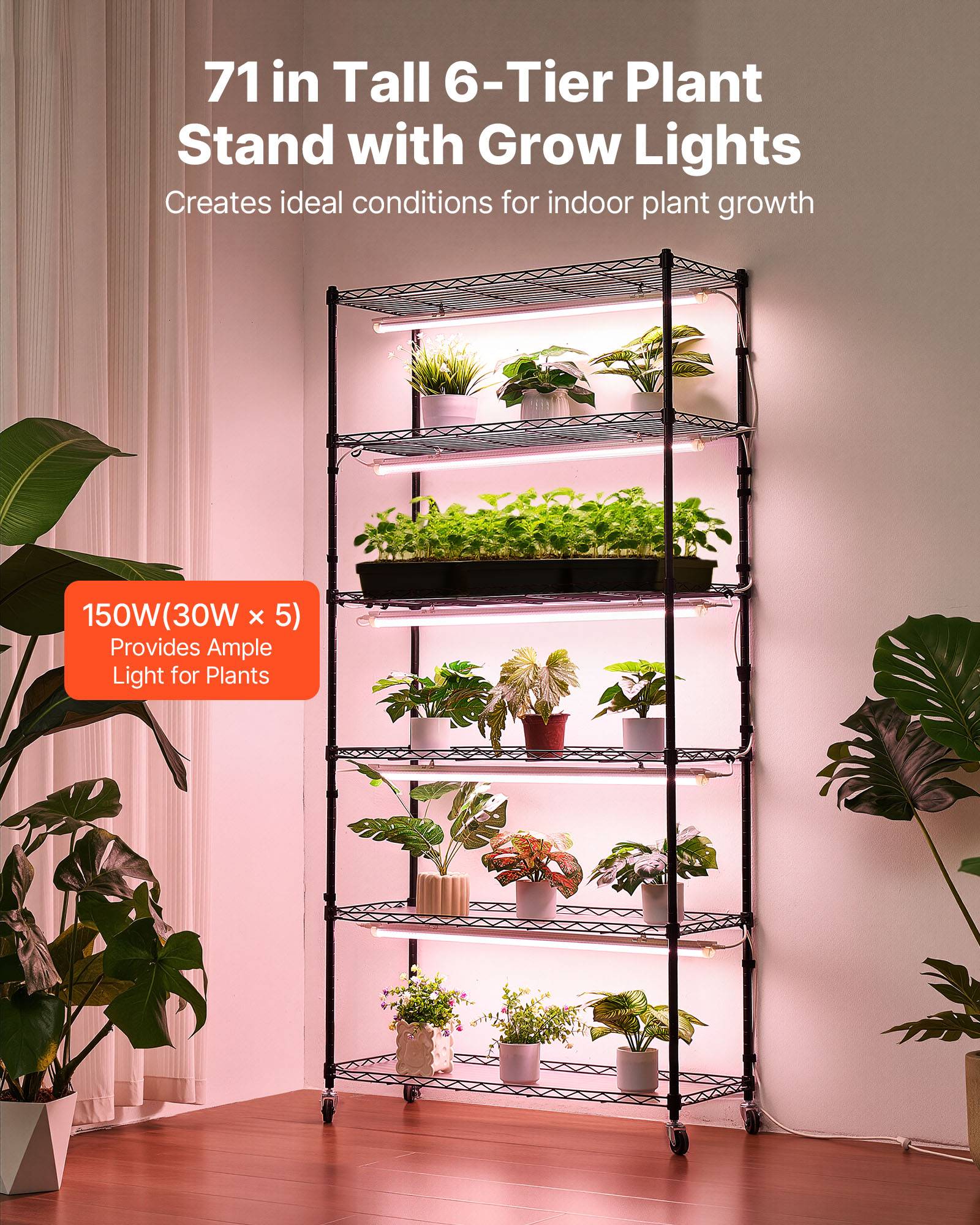 Vevor - VEVOR Support plantes intérieur 6 niveaux 180 cm, LED 150 W spectre complet 3800K, minuterie 24 h, roulettes pivotantes, étagères réglables. - Image 2