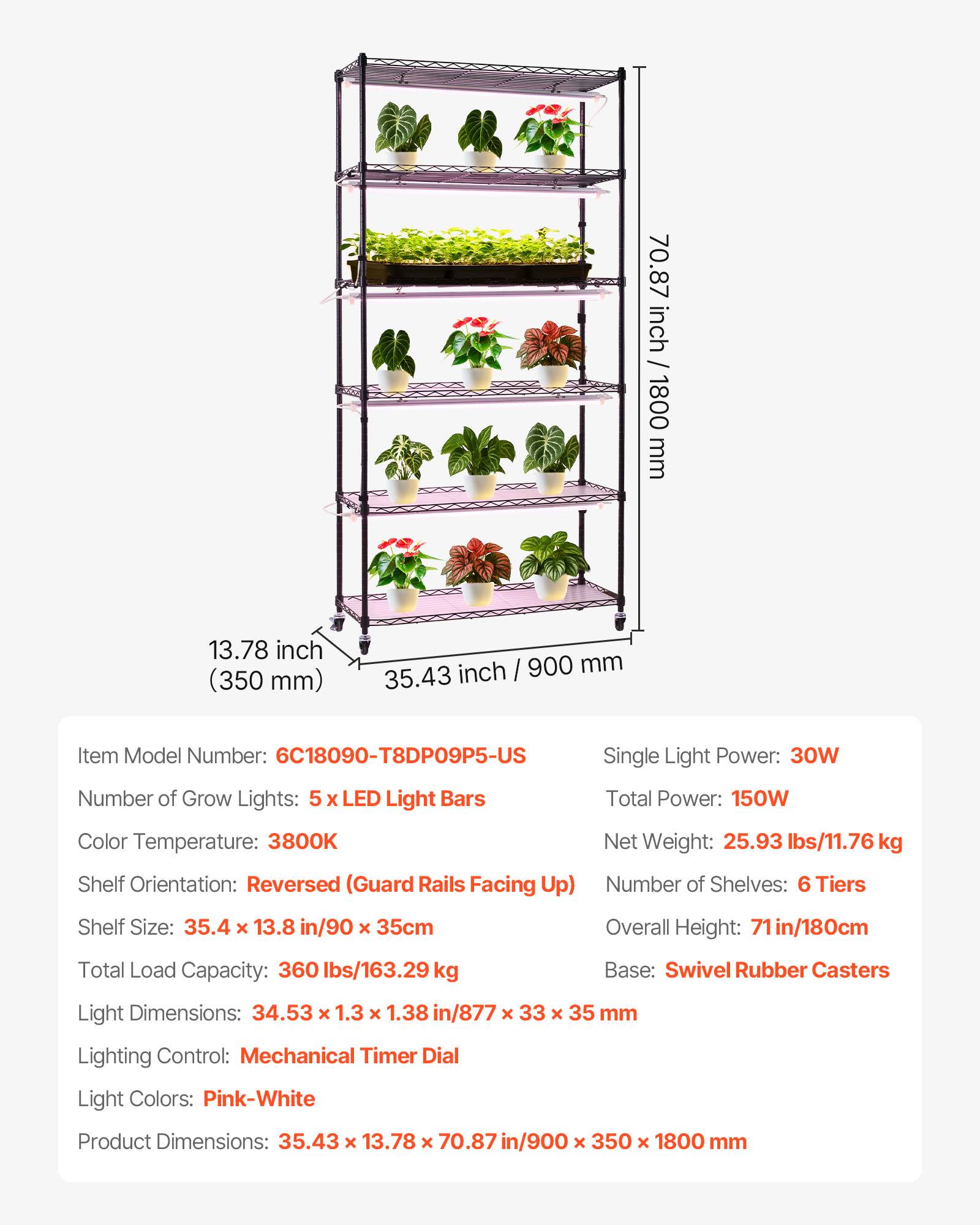 Vevor - VEVOR Support plantes intérieur 6 niveaux 180 cm, LED 150 W spectre complet 3800K, minuterie 24 h, roulettes pivotantes, étagères réglables. - Image 6