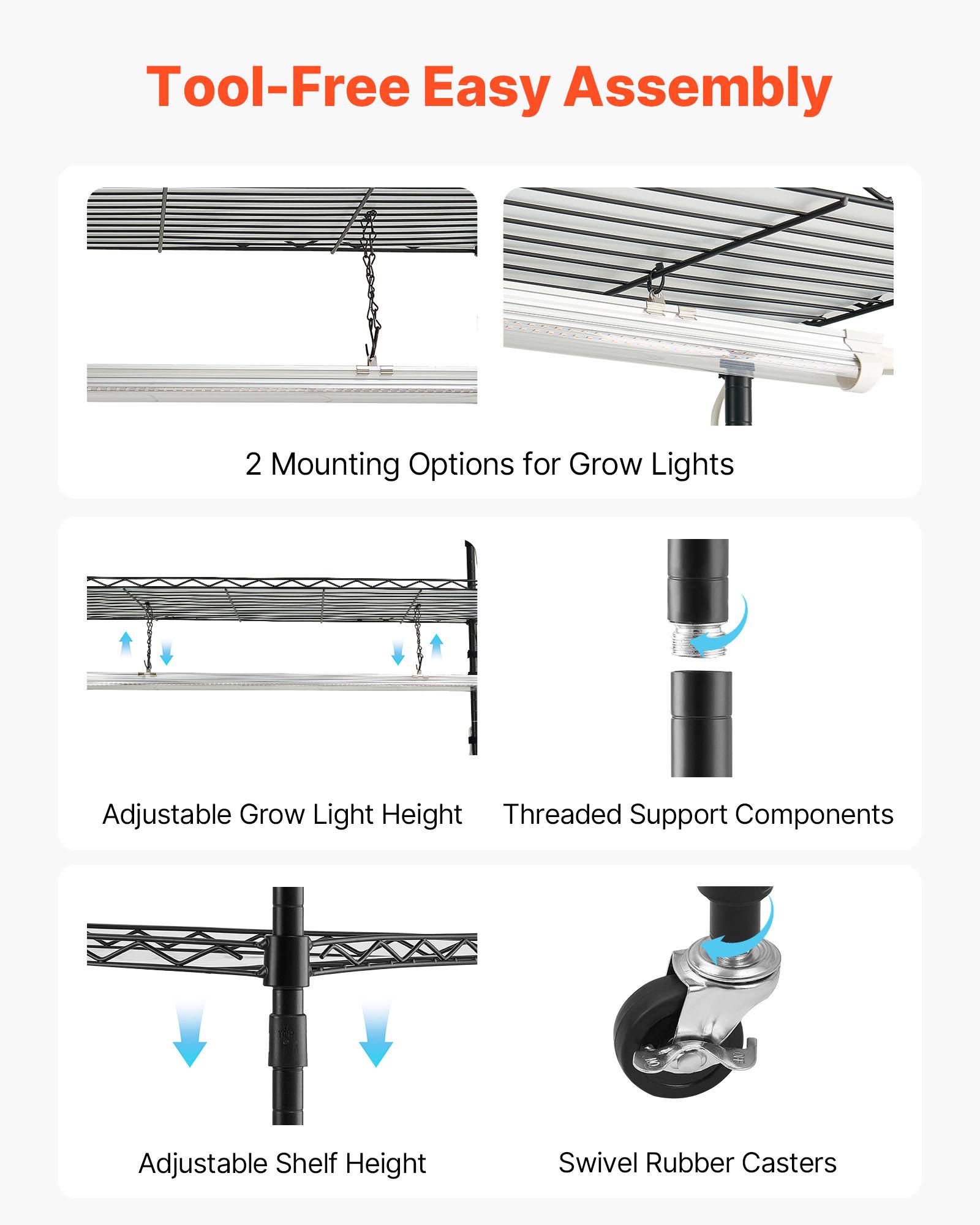 Vevor - VEVOR Support plantes intérieur 6 niveaux 180 cm, LED 150 W spectre complet 3800K, minuterie 24 h, roulettes pivotantes, étagères réglables. - Image 5