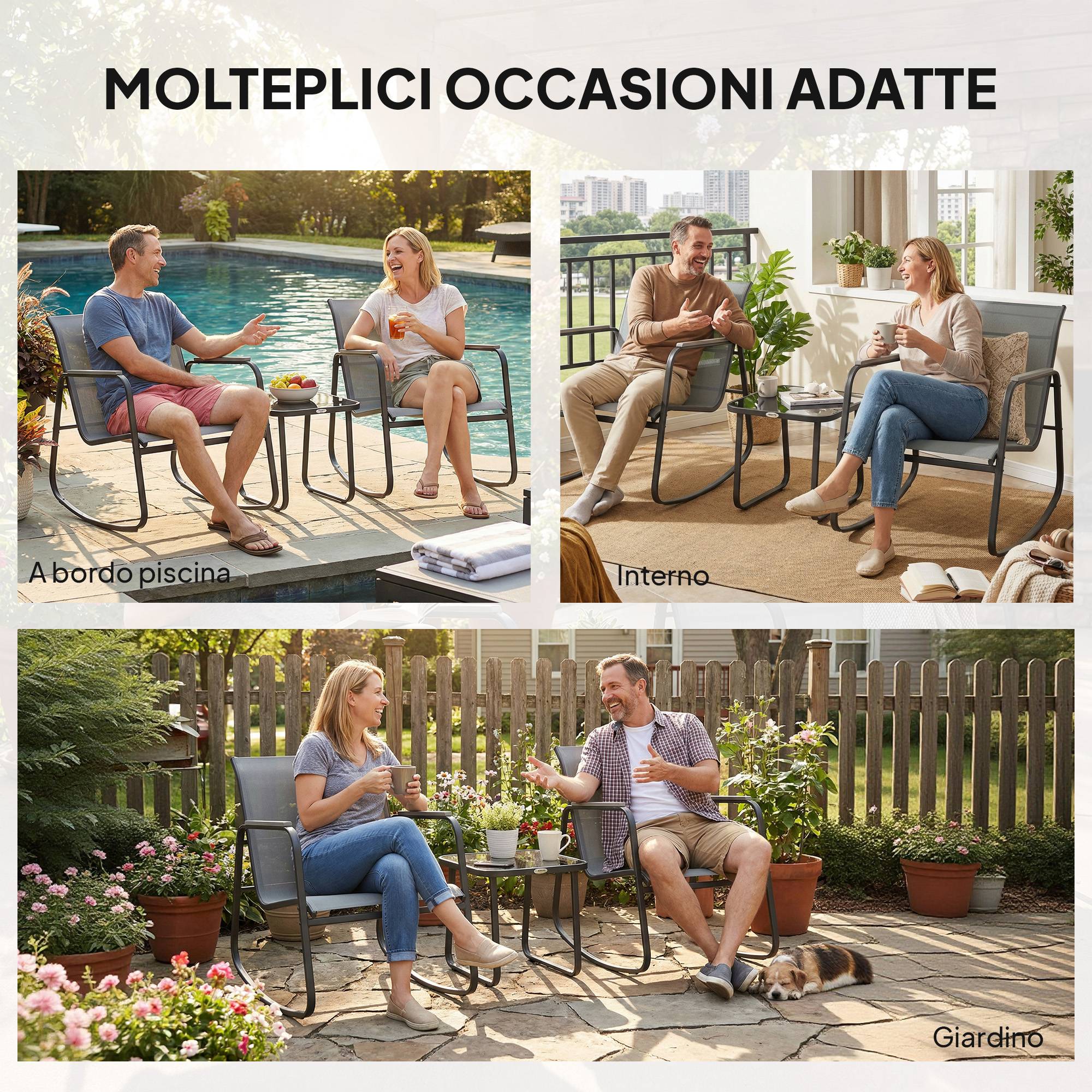 Ensemble extérieur 3 pcs acier, 2 chaises rocking respirantes et table verre, gris noir - Image 10