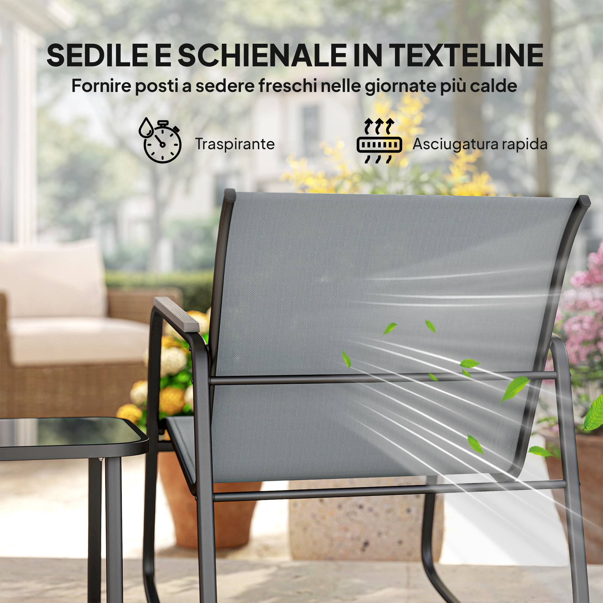 Ensemble extérieur 3 pcs acier, 2 chaises rocking respirantes et table verre, gris noir - Image 8