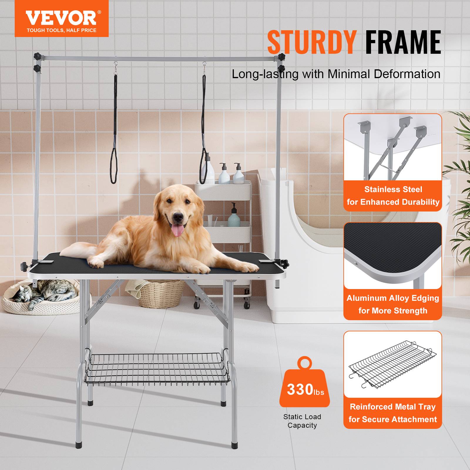 VEVOR Table toilettage chien pliable, charge 149,7 kg. 2 potences, panier rangement. - Image 2