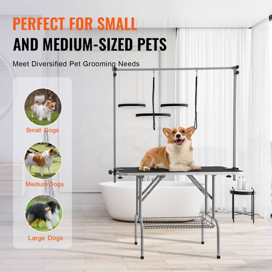 VEVOR Table toilettage chien pliable, charge 149,7 kg. 2 potences, panier rangement. - Image 6