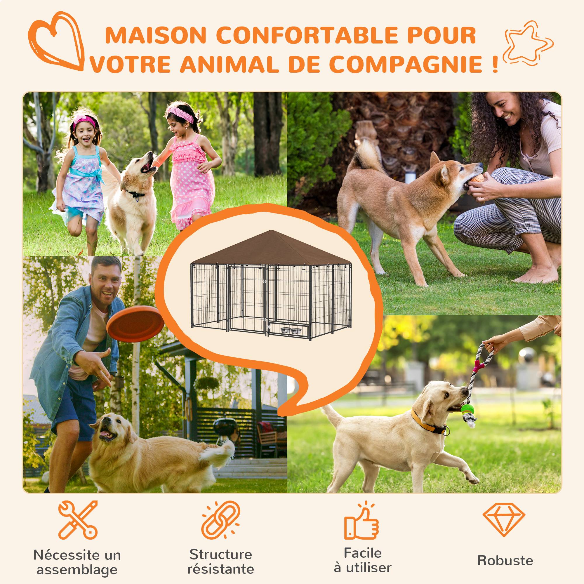 Sans Marque - Chenil extérieur pour Chiens en acier et Tissu Oxford Support gamelle et Toit résistant aux intempéries Espace spacieux - Image 6