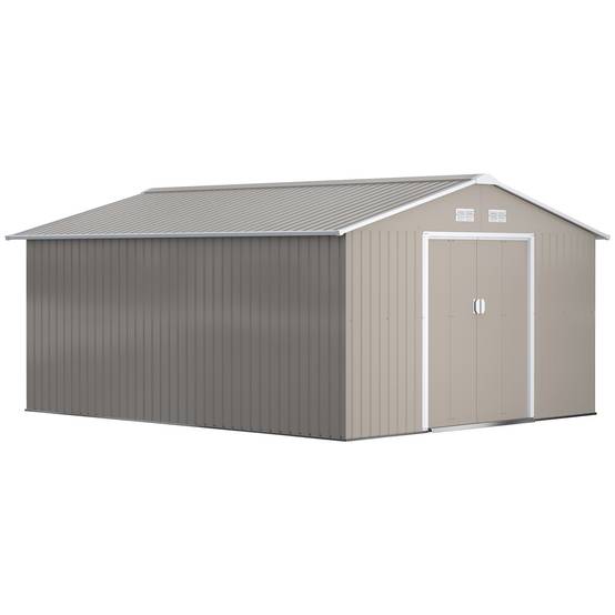 Abri de jardin avec portes coulissantes et toit incliné, acier, 340 x 386 x 200 cm, gris - Image 1