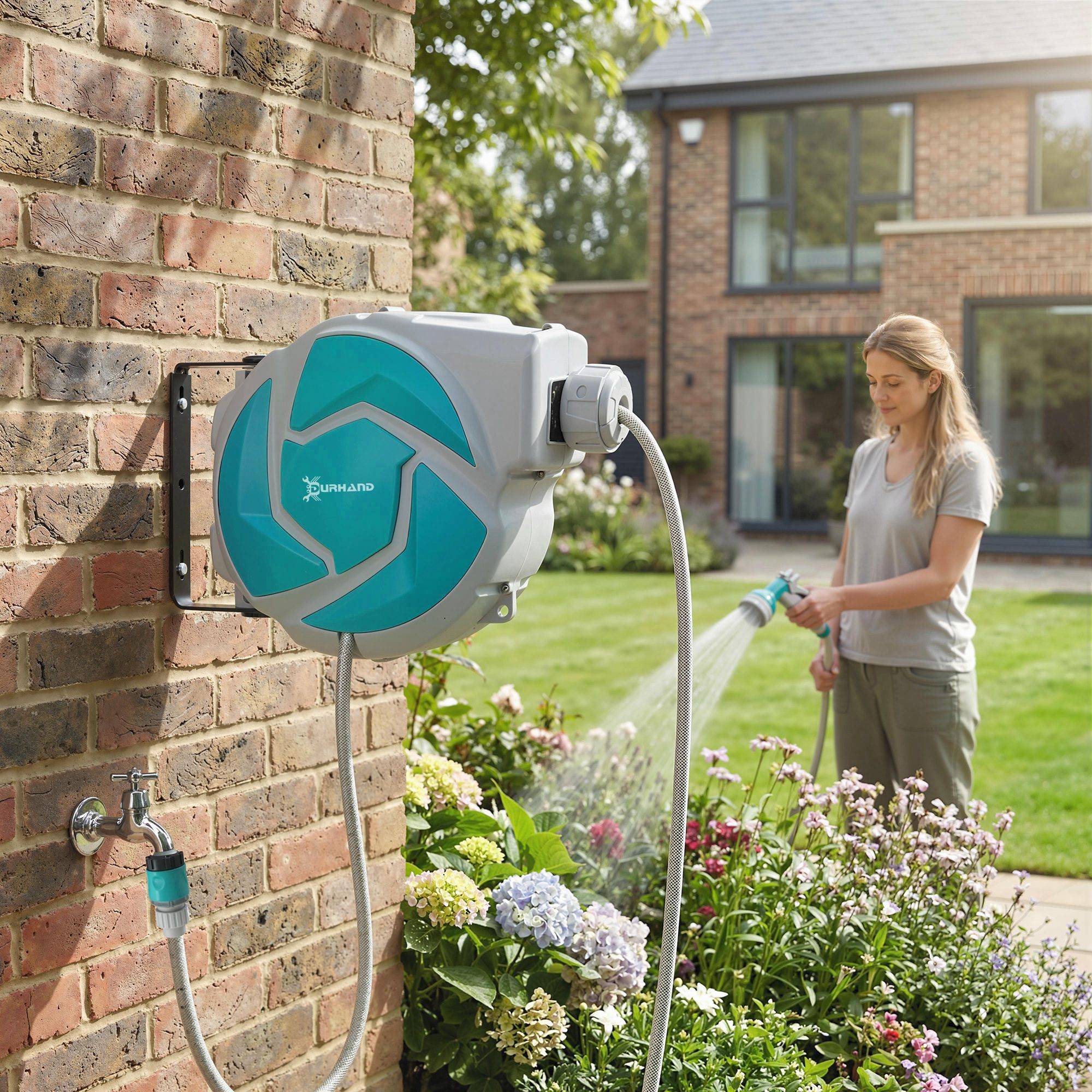ComfortXL - Dévidoir mural automatique en plastique vert 10 + 1 m pour arrosage du jardin et terrasse avec buse à 7 jets - Image 9