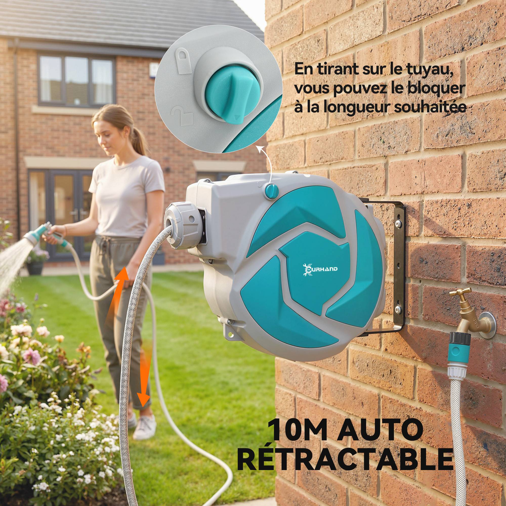 ComfortXL - Dévidoir mural automatique en plastique vert 10 + 1 m pour arrosage du jardin et terrasse avec buse à 7 jets - Image 5